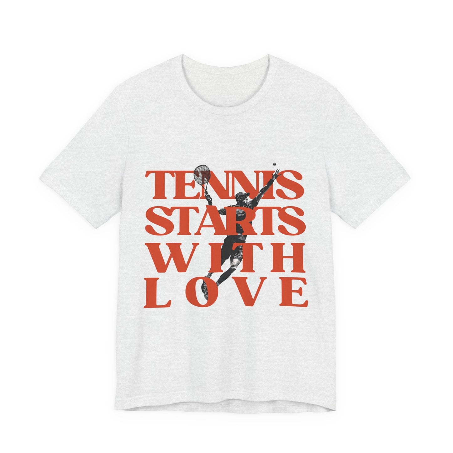 Tennis lover Shirt White t-shirt with red text 'Tennis Starts With Love' and a graphic of a tennis player on a white background