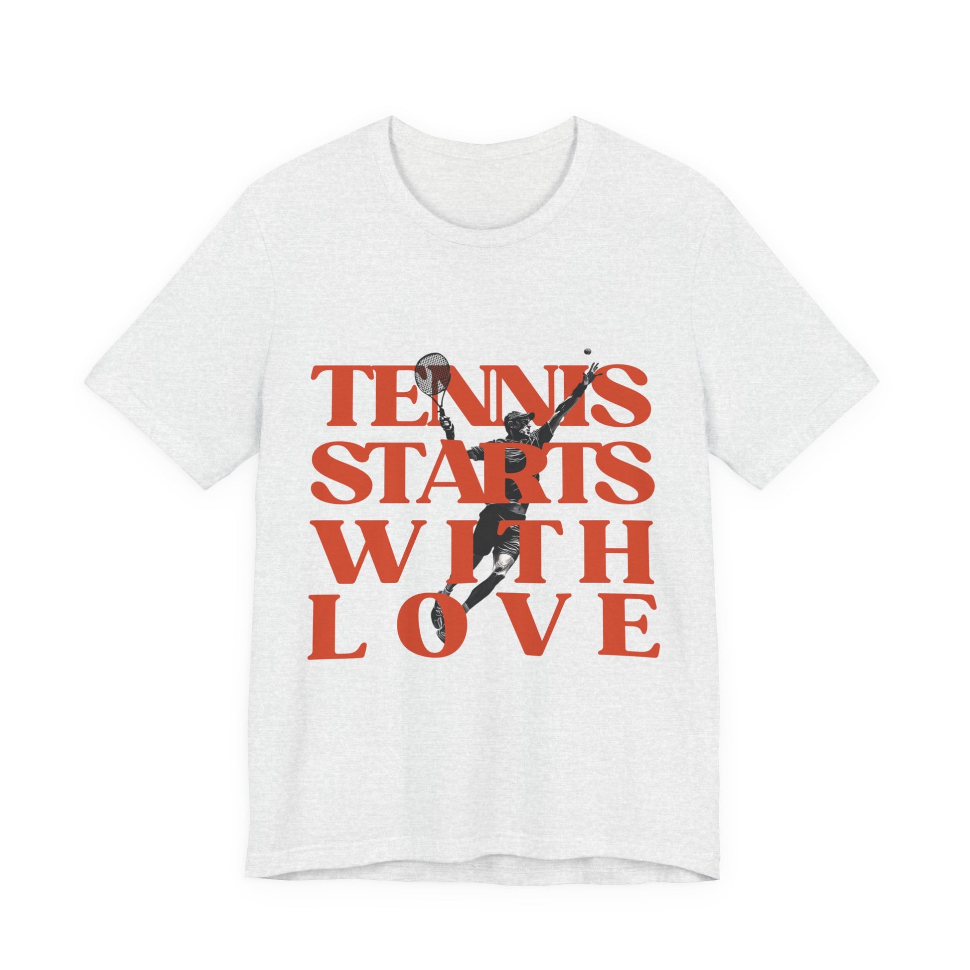 Tennis lover Shirt White t-shirt with red text 'Tennis Starts With Love' and a graphic of a tennis player on a white background