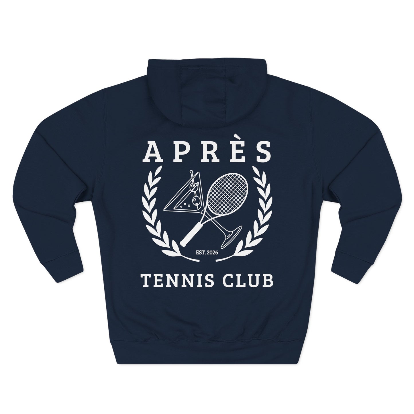 Tennis Club Hoodie Navy blue hoodie with white graphic and text 'APRèS TENNIS CLUB' on a white background