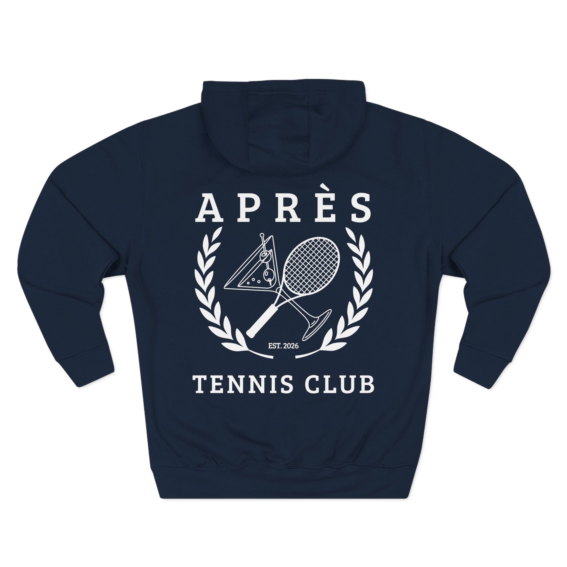Tennis Club Hoodie Navy blue hoodie with white graphic and text 'APRèS TENNIS CLUB' on a white background