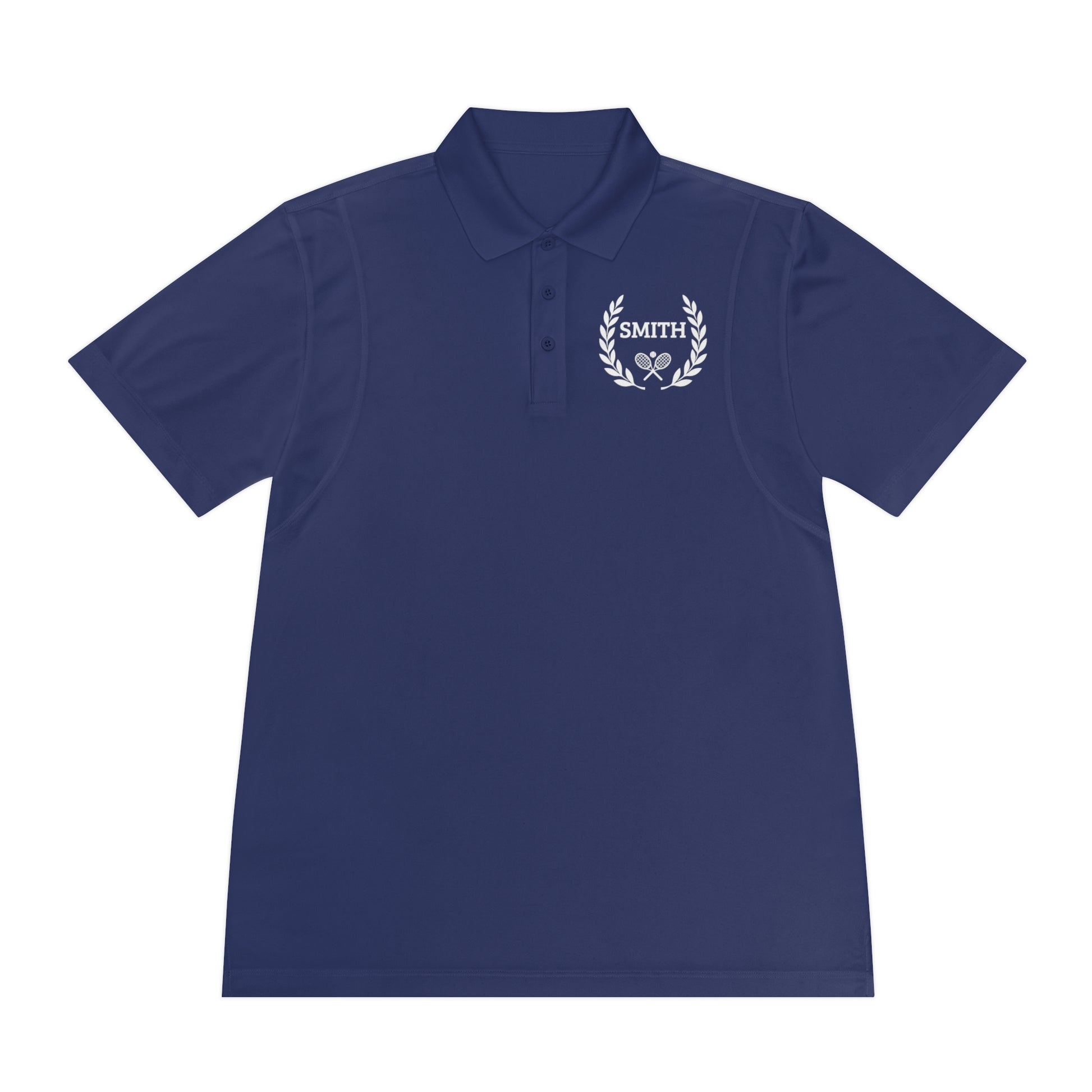 Custom tennis shirt Navy blue polo shirt with a logo on the chest against a white background
