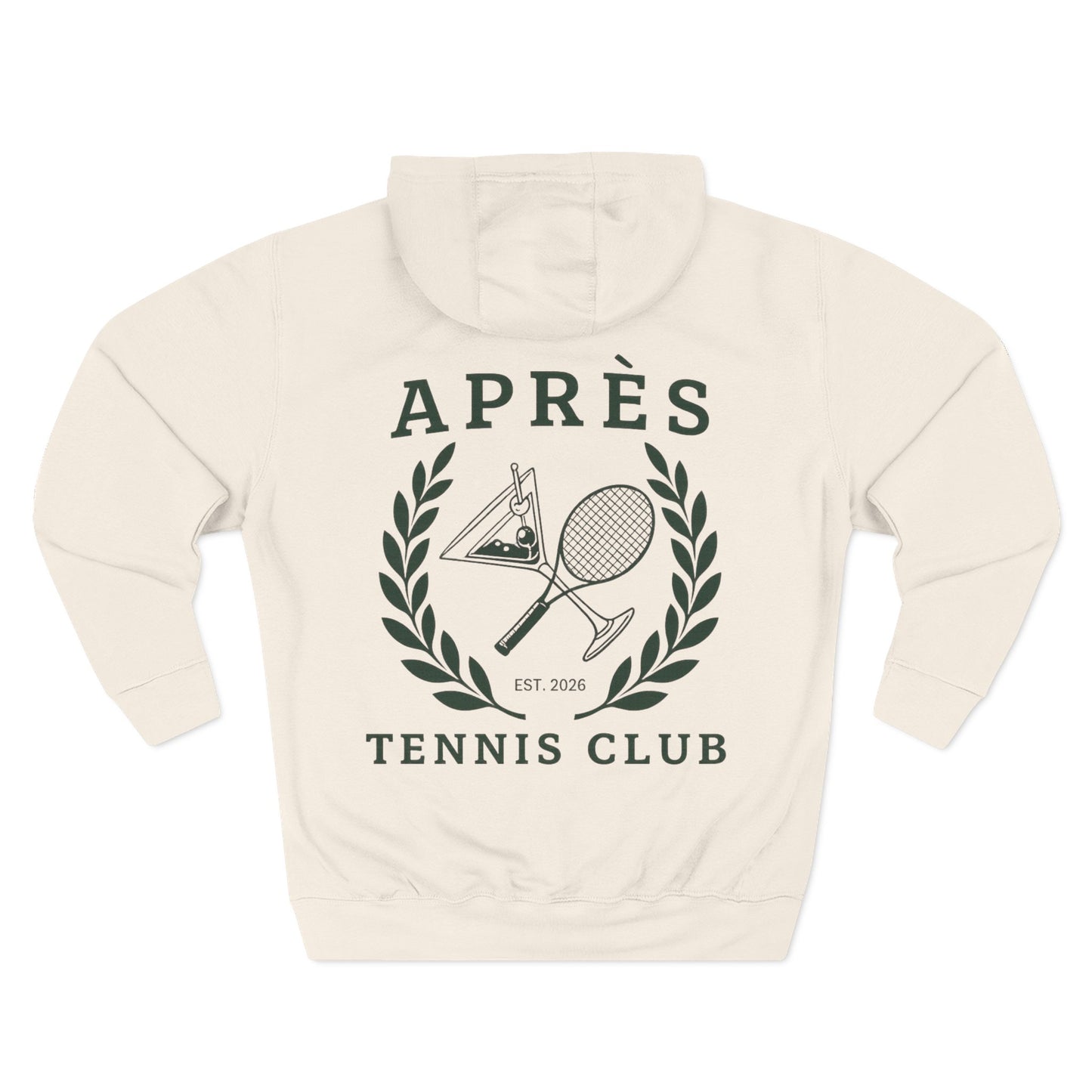 Beige hoodie with tennis-themed design on a white background
