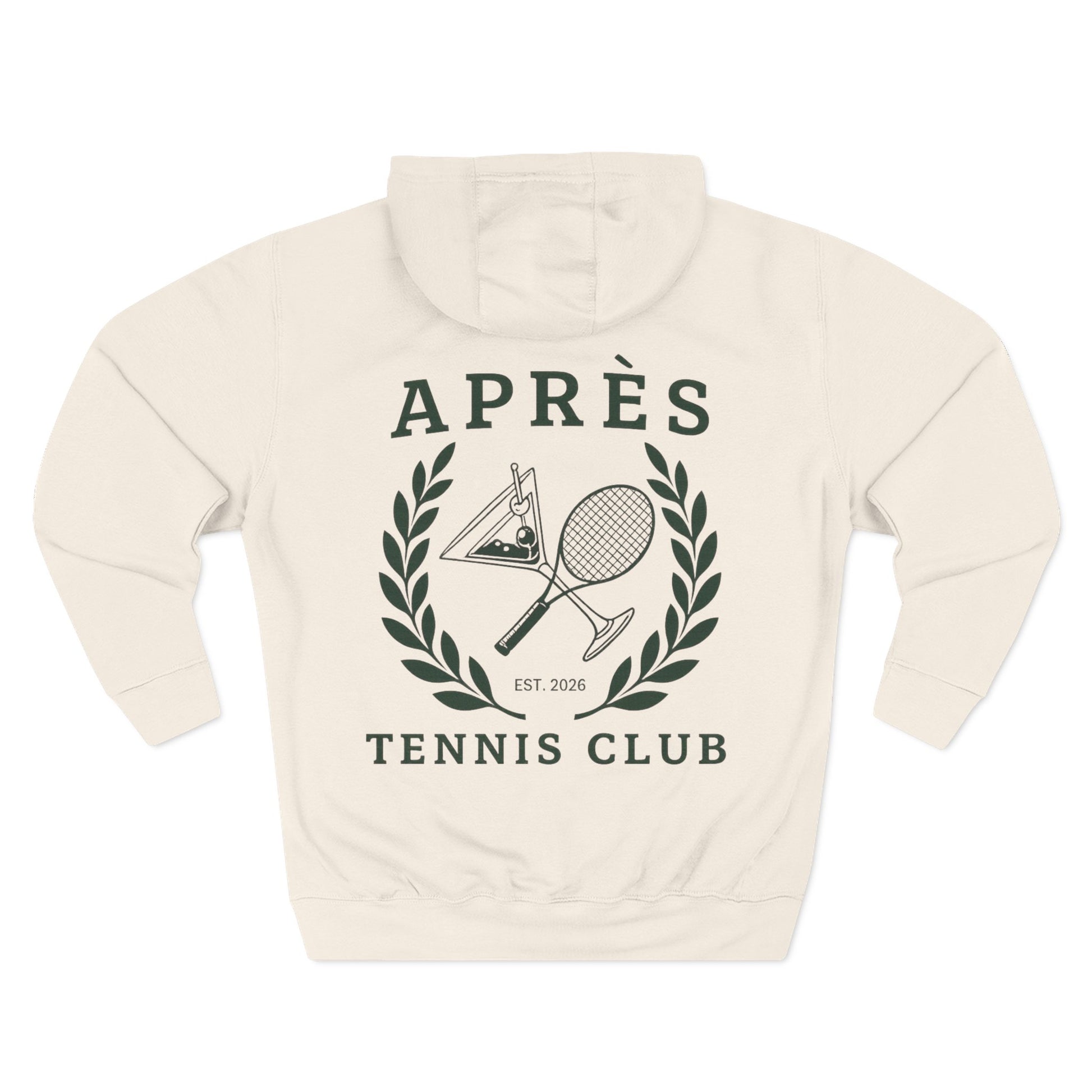 Beige hoodie with tennis-themed design on a white background