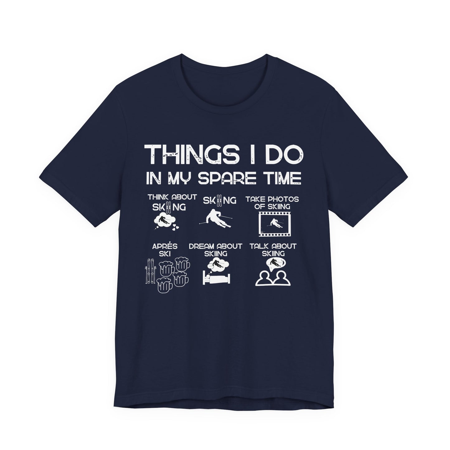 Navy blue t-shirt with white text and graphics on a white background