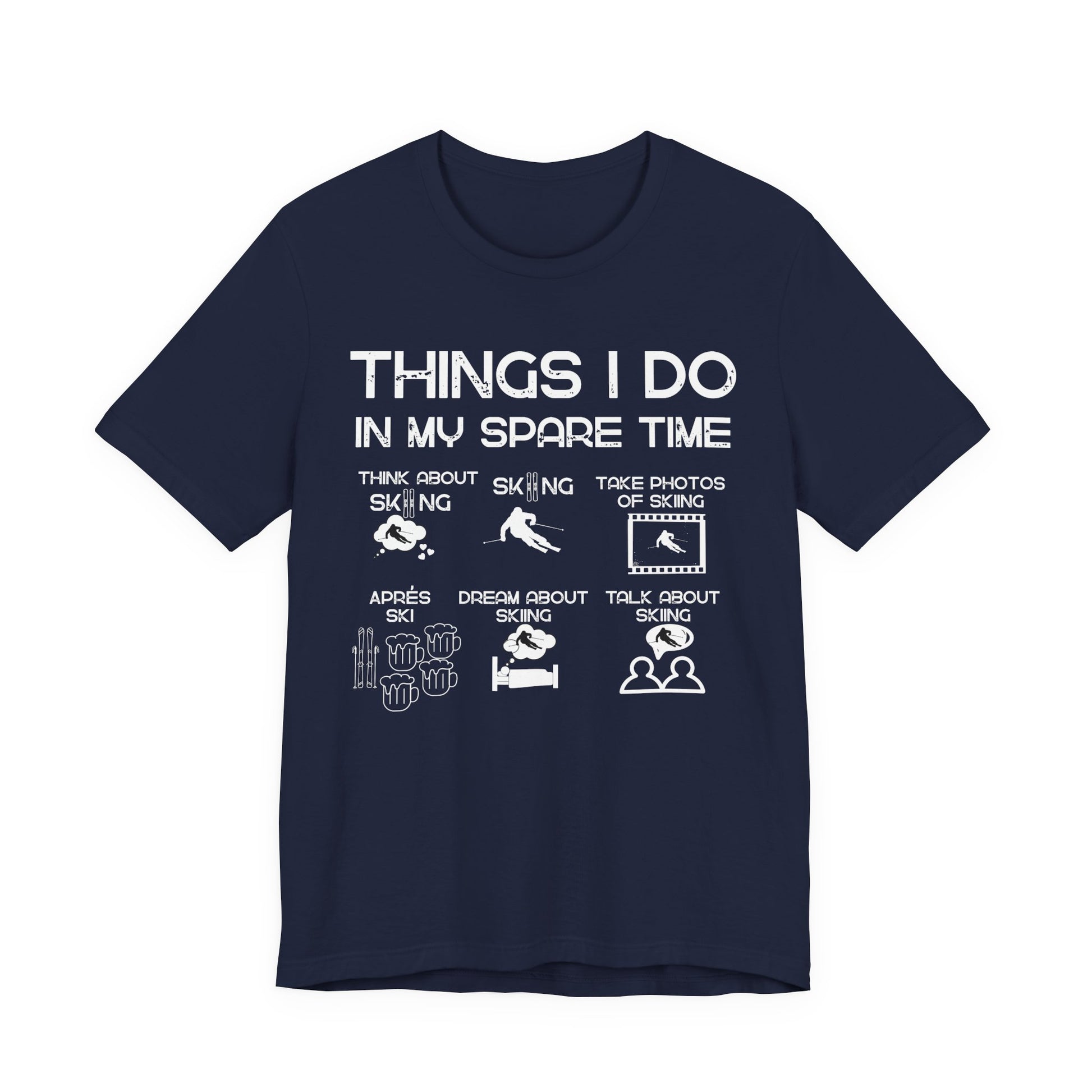Navy blue t-shirt with white text and graphics on a white background