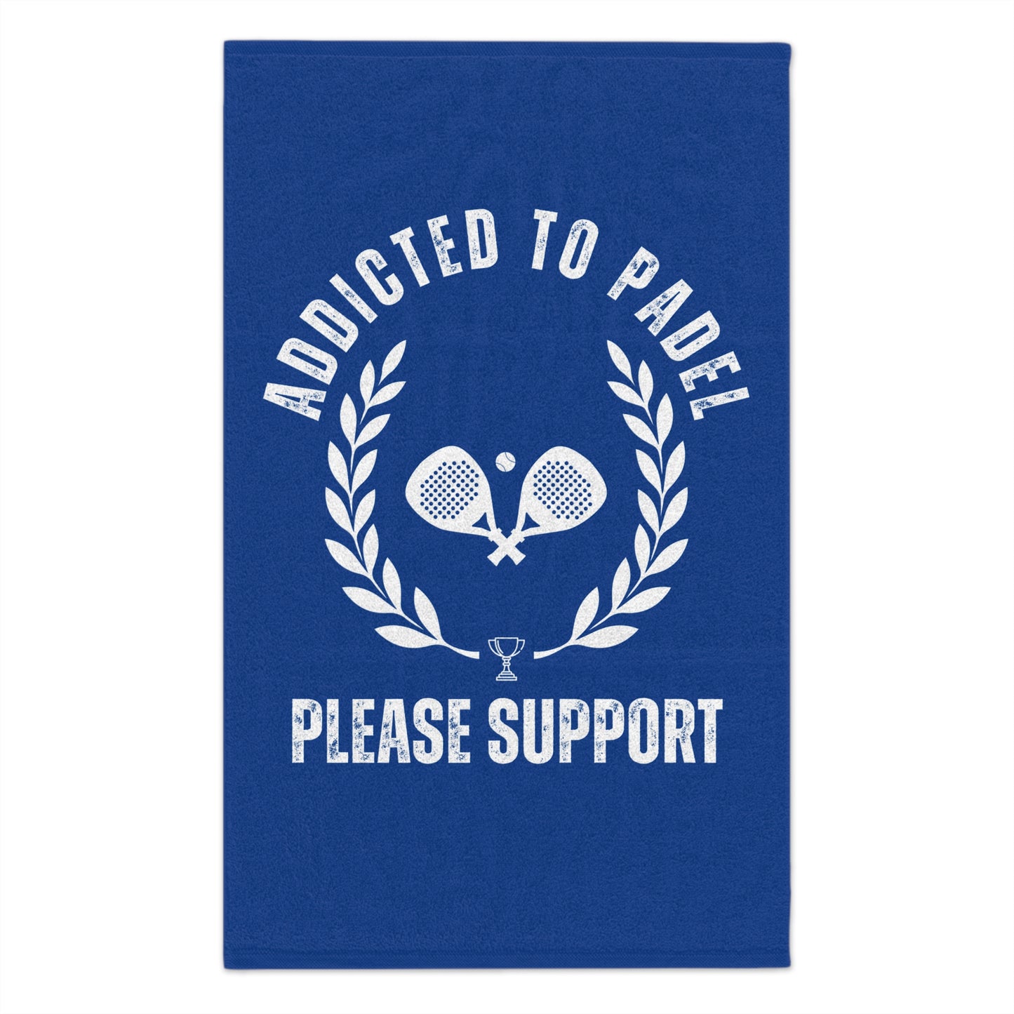Blue towel with white text and paddle racket design on a white background