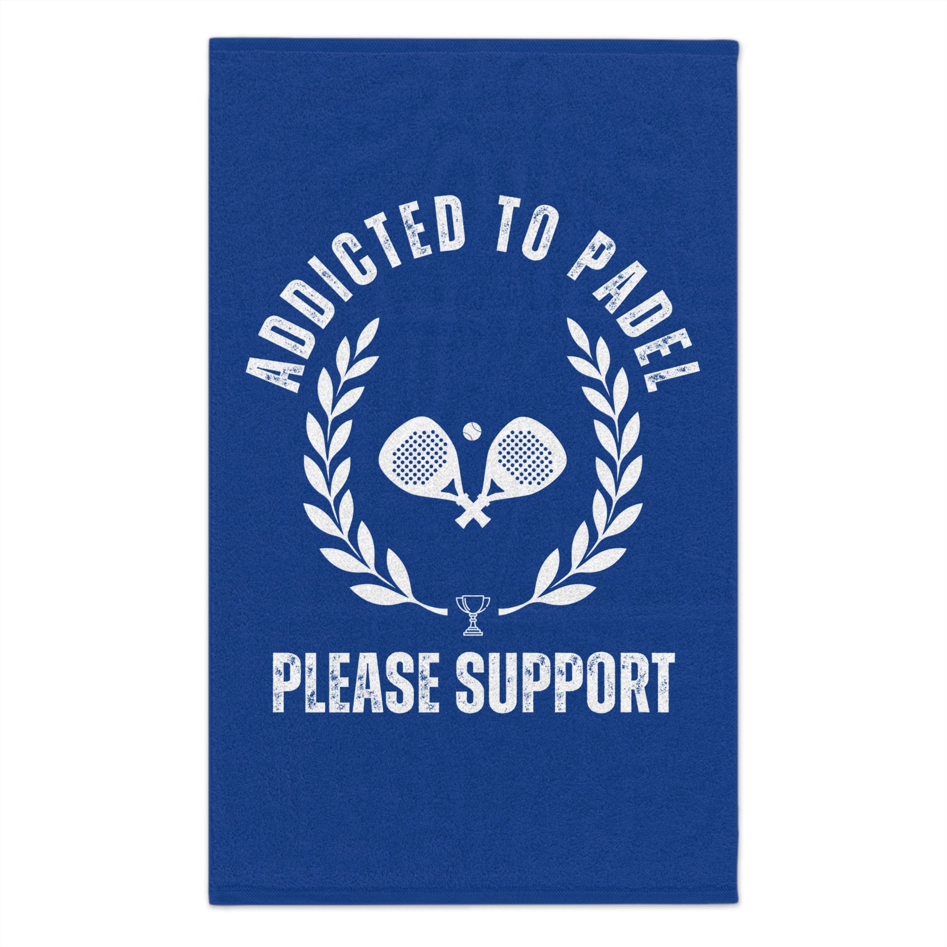 Blue towel with white text and paddle racket design on a white background