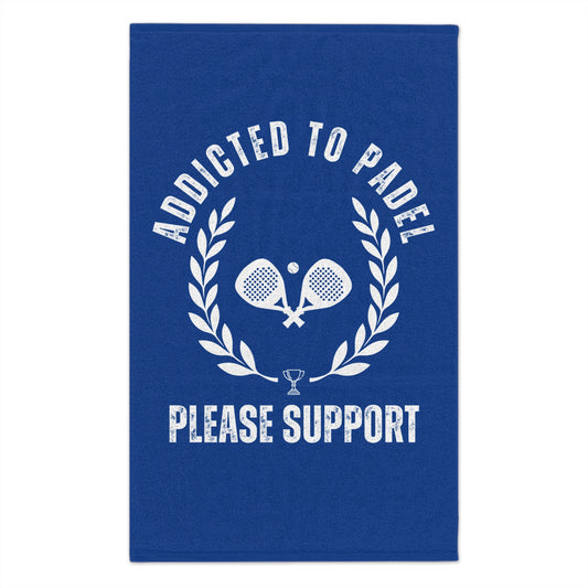 Blue towel with white text and paddle racket design on a white background
