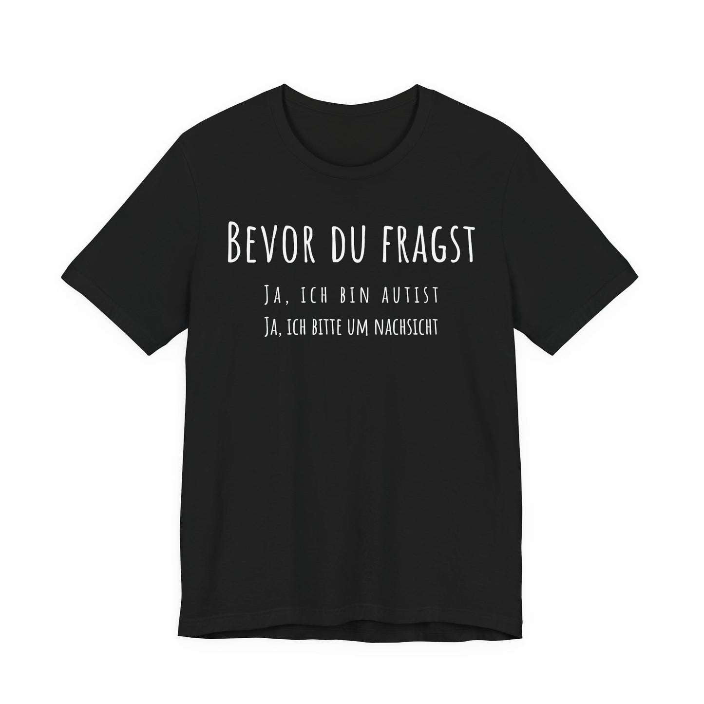 Black t-shirt with white text on a white background