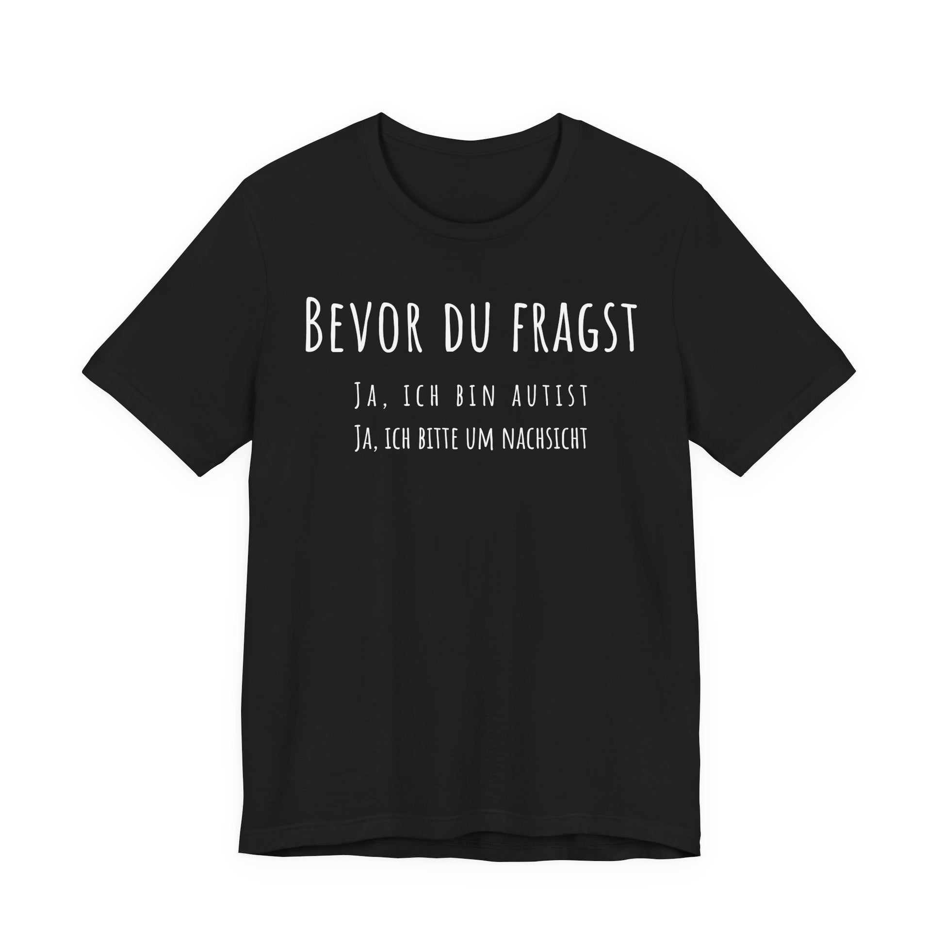 Black t-shirt with white text on a white background
