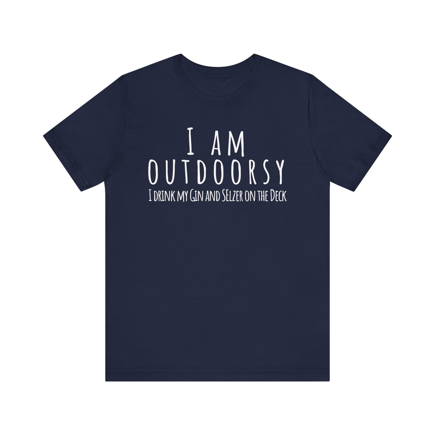 Navy blue t-shirt with white text on a white background