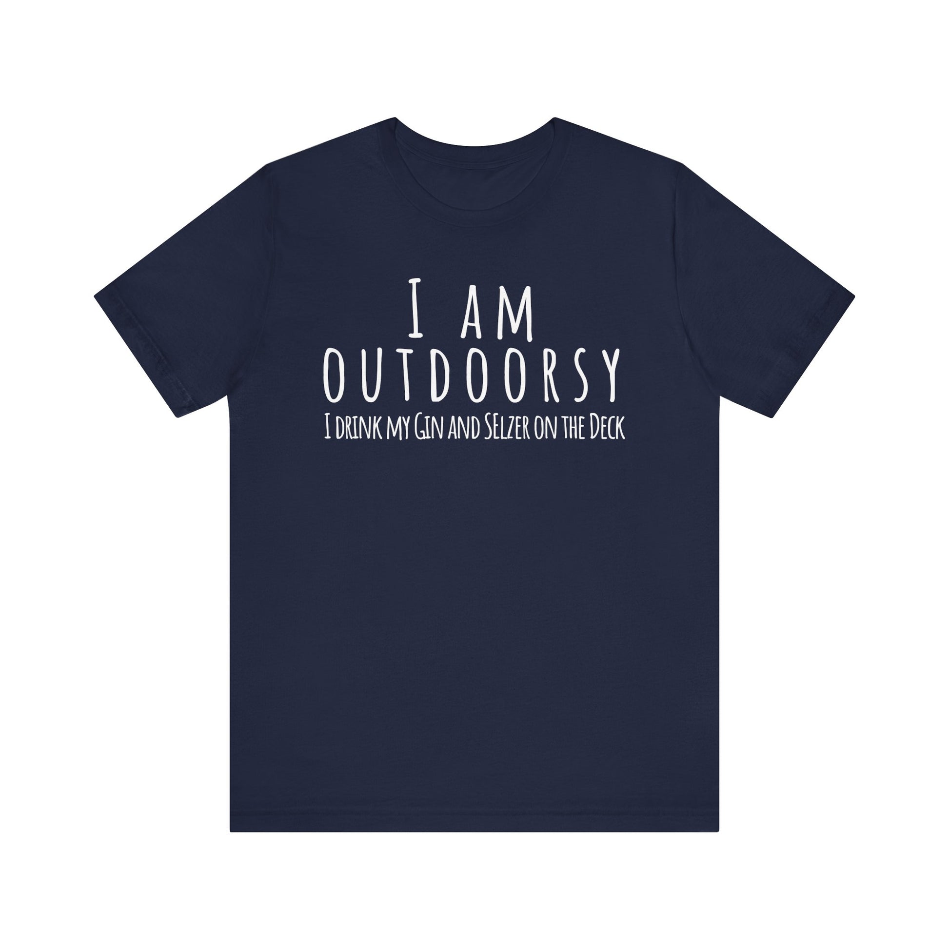 Navy blue t-shirt with white text on a white background