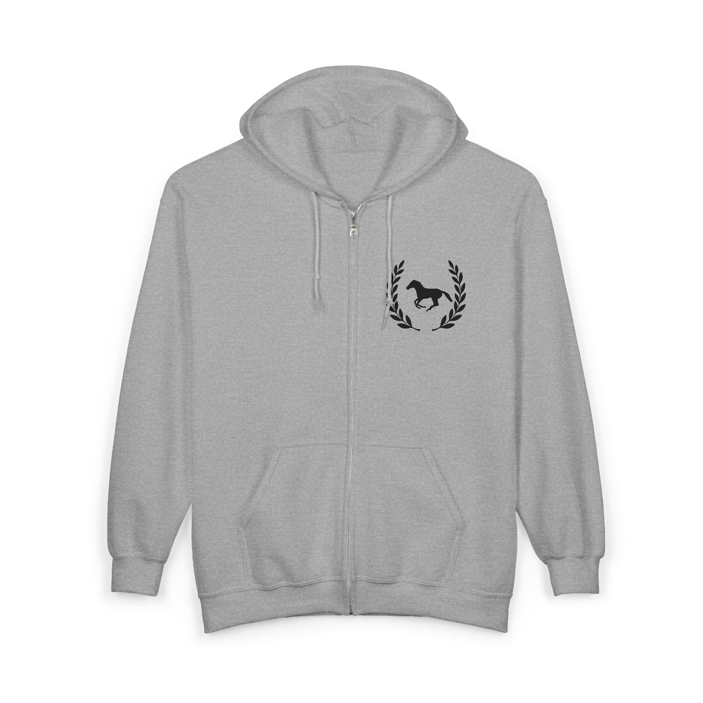 Gray hoodie with a black emblem on a white background