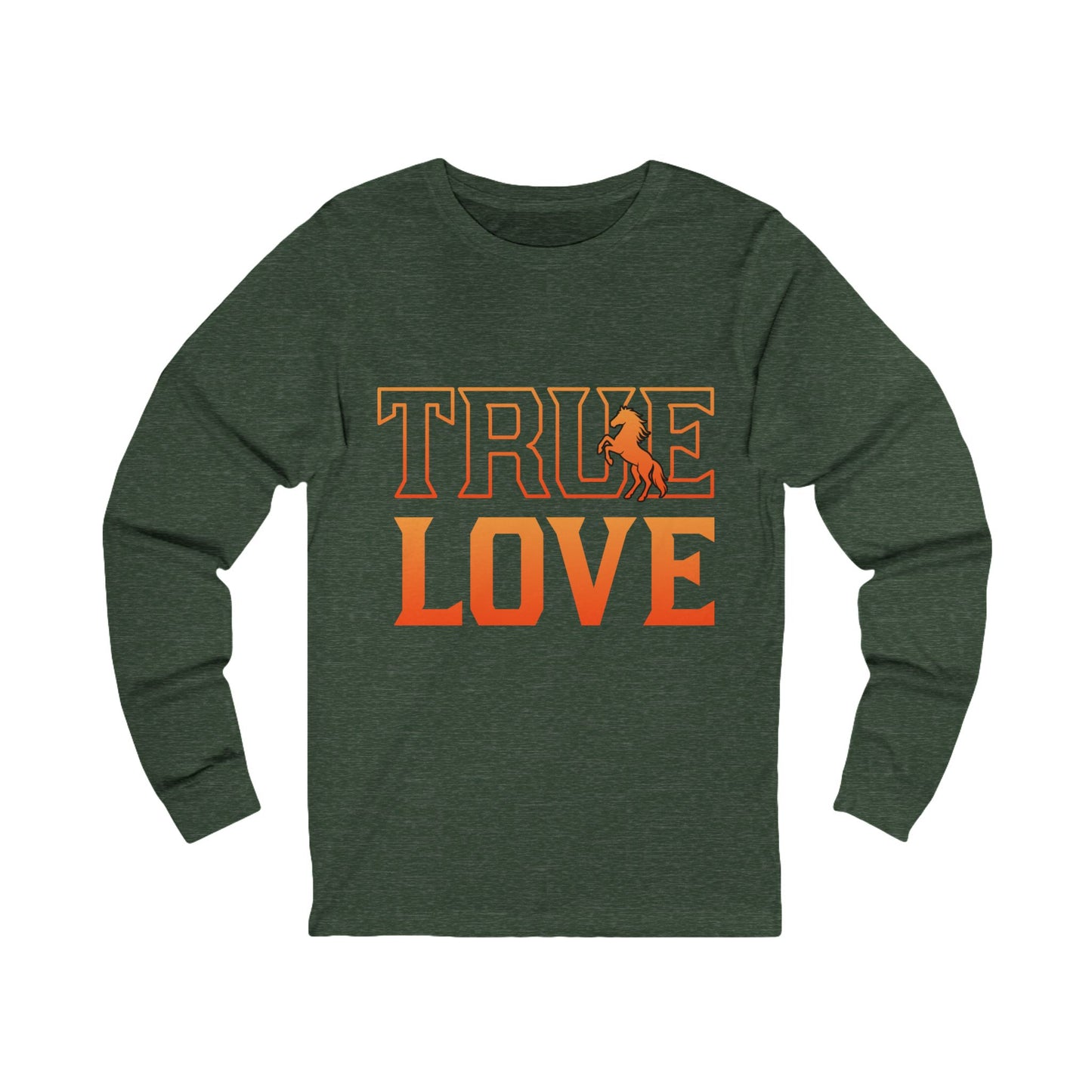 Green long-sleeve shirt with 'TRUE LOVE' printed in orange on a white background