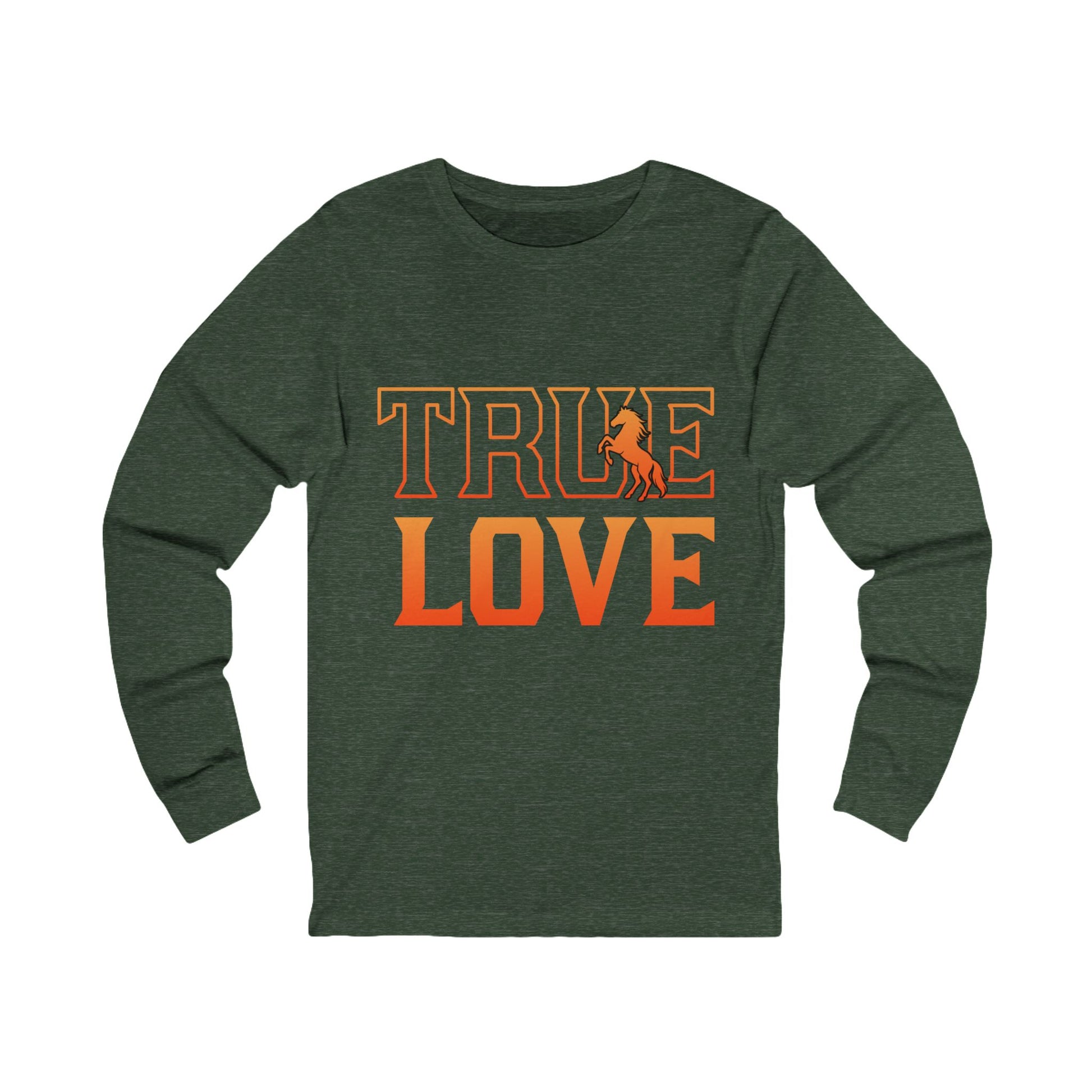Green long-sleeve shirt with 'TRUE LOVE' printed in orange on a white background