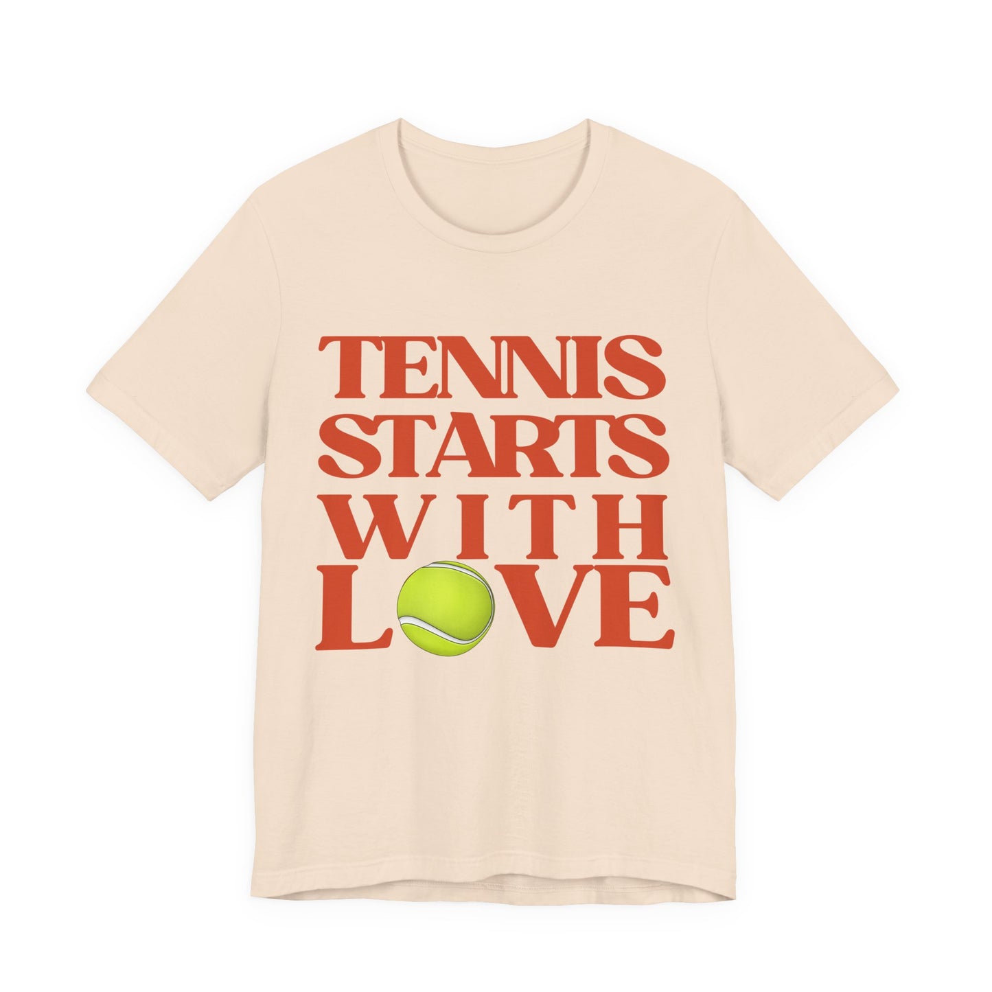 Beige t-shirt with 'Tennis Starts With Love' text and tennis ball graphic on a white background