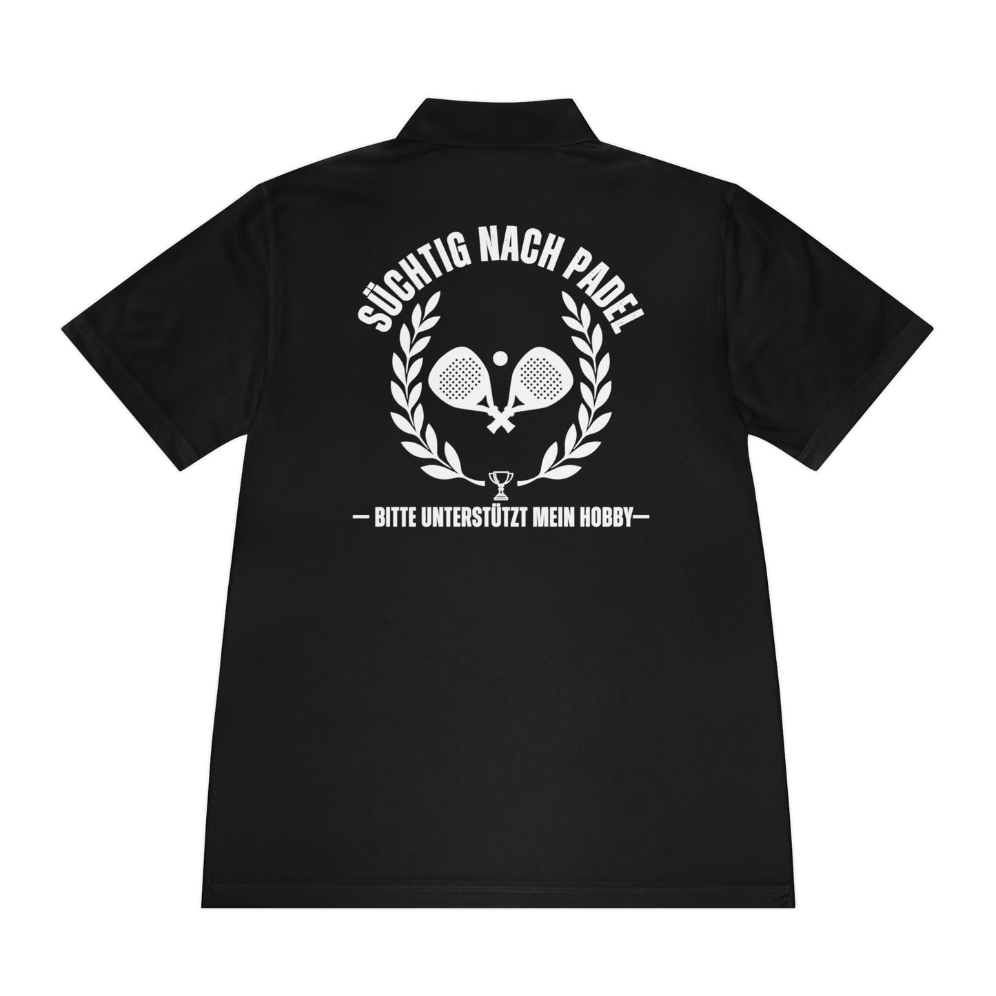 Personalisiertes Padel Polo Black polo shirt with white text and graphics on the back