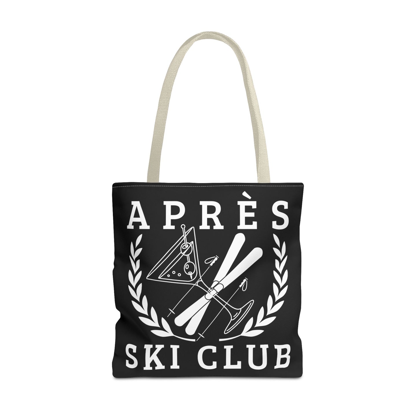 ski tote bag Black tote bag with 'Ap
s Ski Club' text and ski design on a white background
