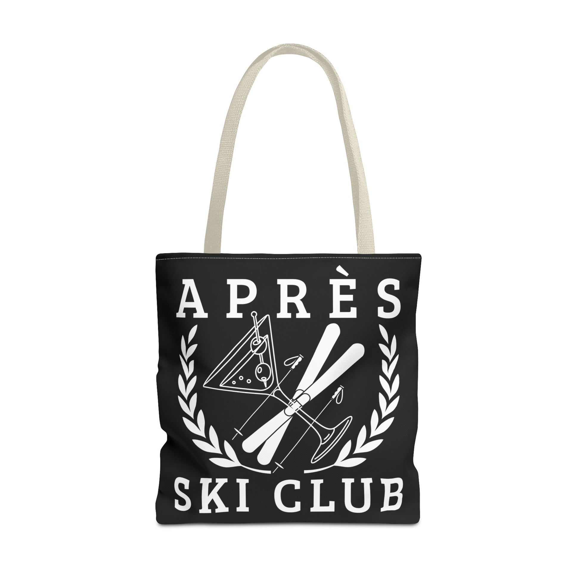 ski tote bag Black tote bag with 'Ap
s Ski Club' text and ski design on a white background
