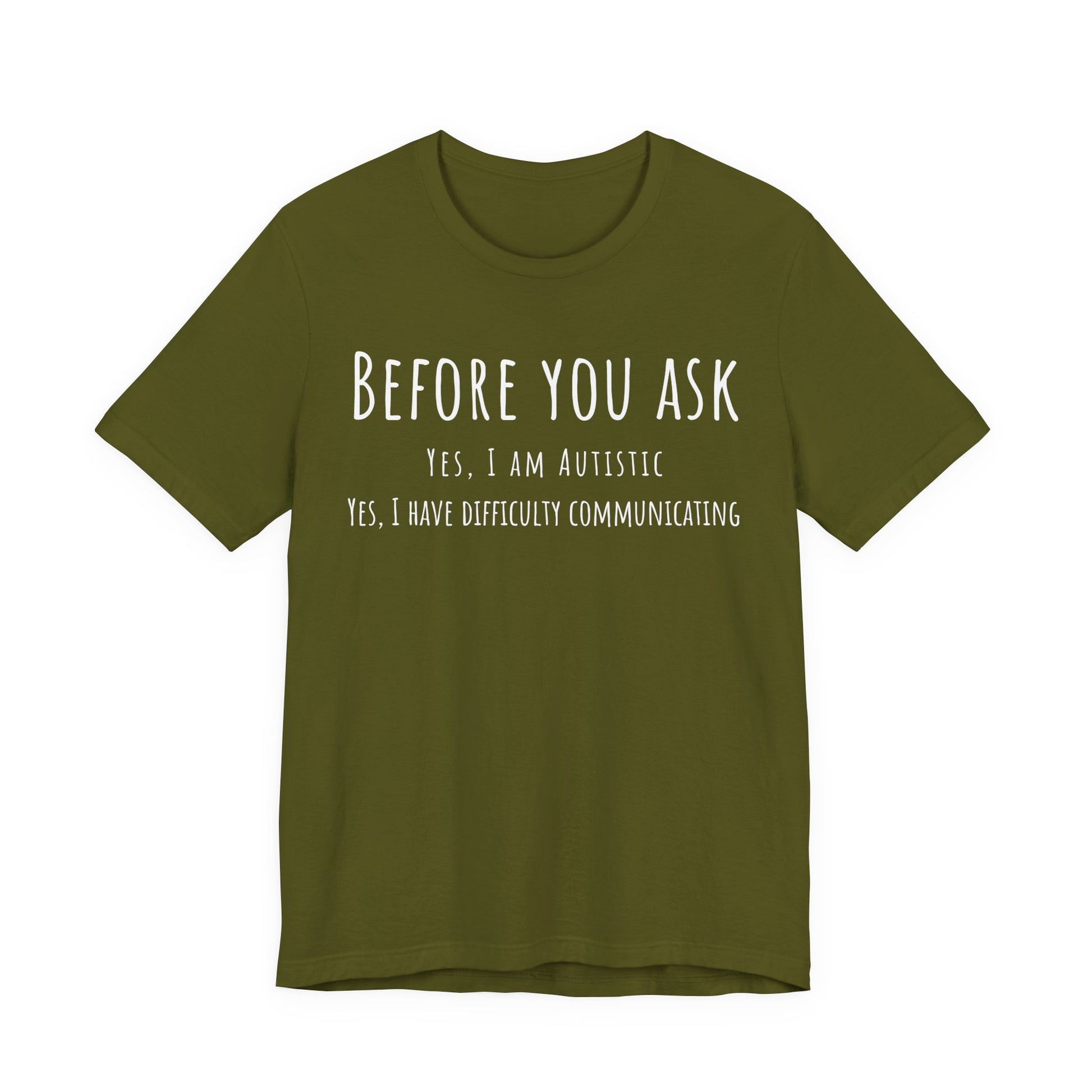 Green t-shirt with white text on a white background