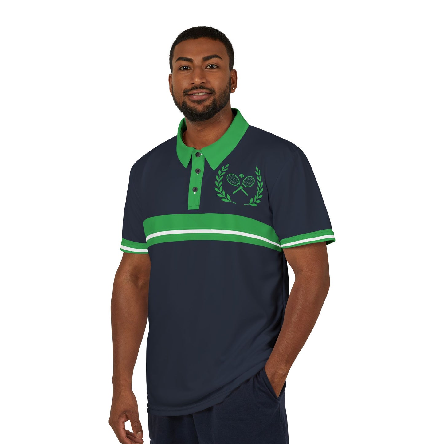 Performance Polo Shirt Man wearing a navy and green polo shirt with a logo on a white background