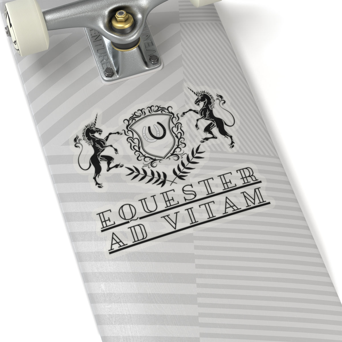 Skateboard deck with 'Equester Ad Vitam' design and unicorn logo on a white background