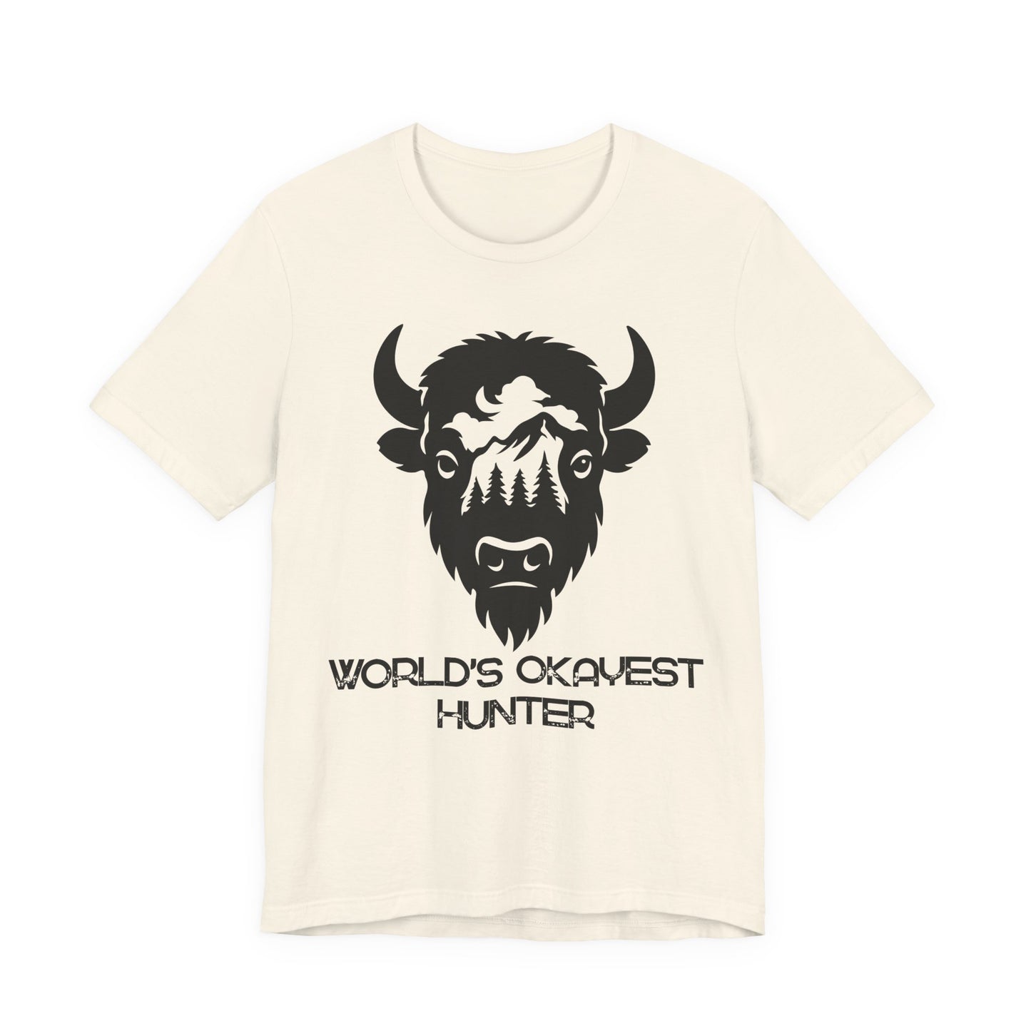 Beige t-shirt with a black graphic of a bison and text on a white background