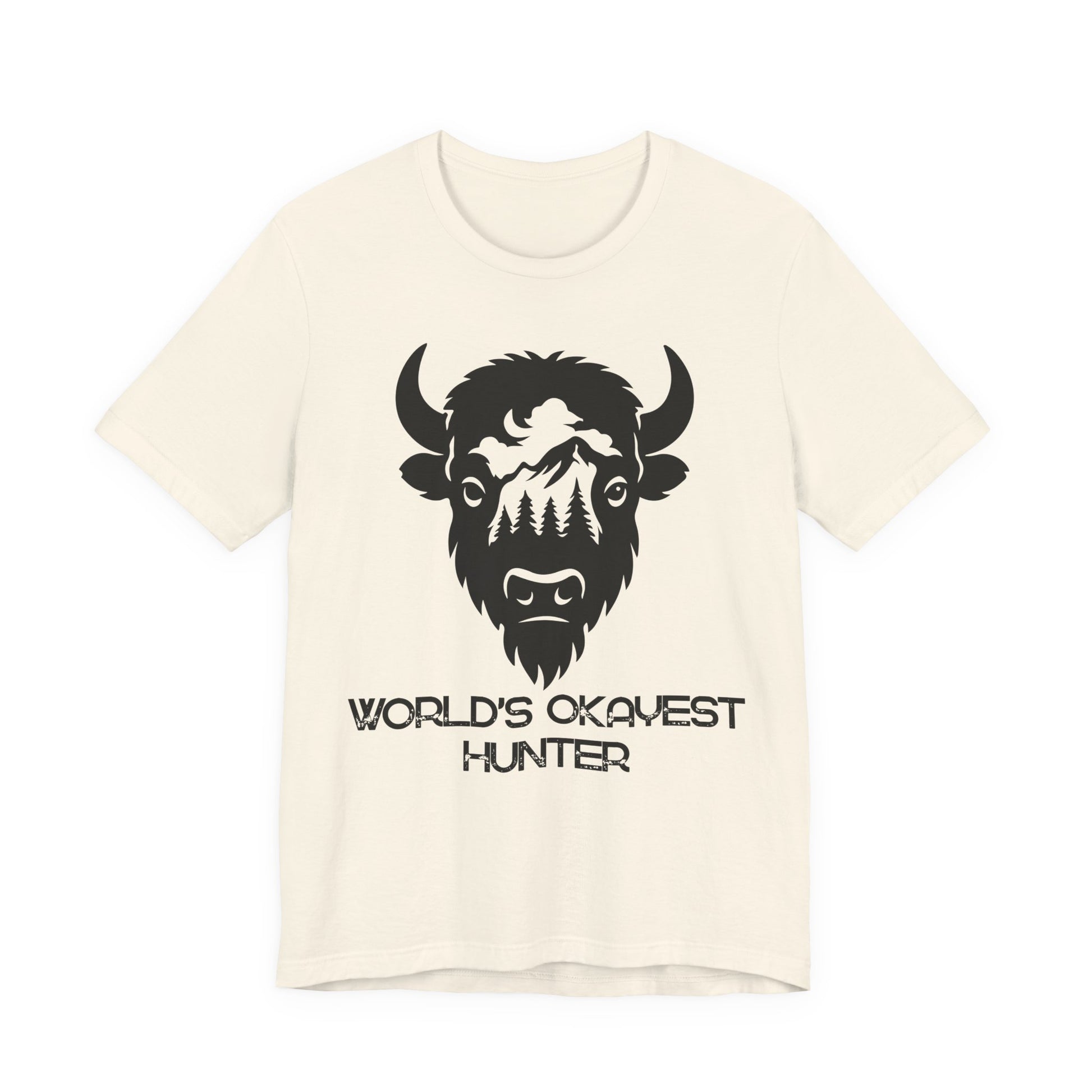 Beige t-shirt with a black graphic of a bison and text on a white background