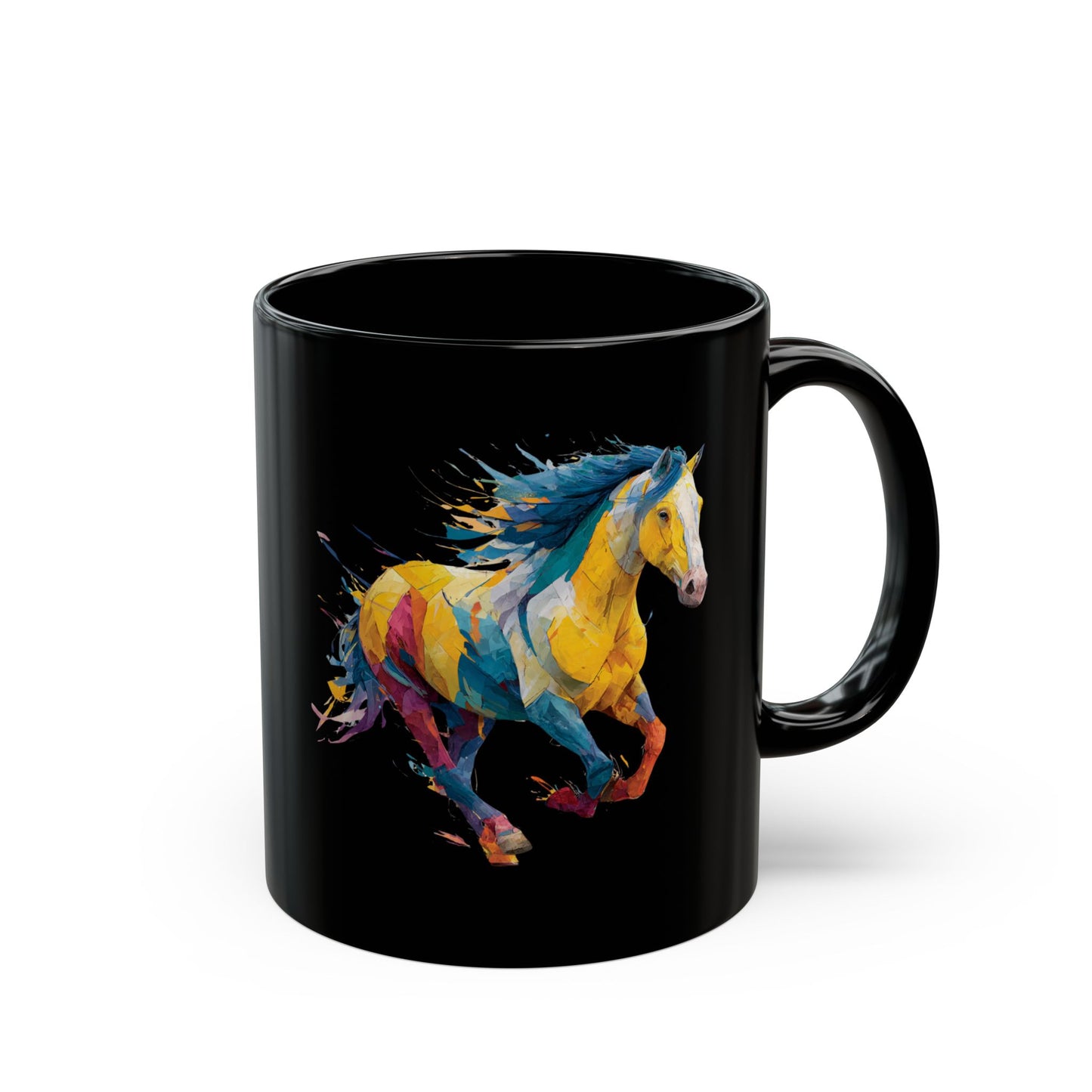 Black mug with a colorful horse design on a white background