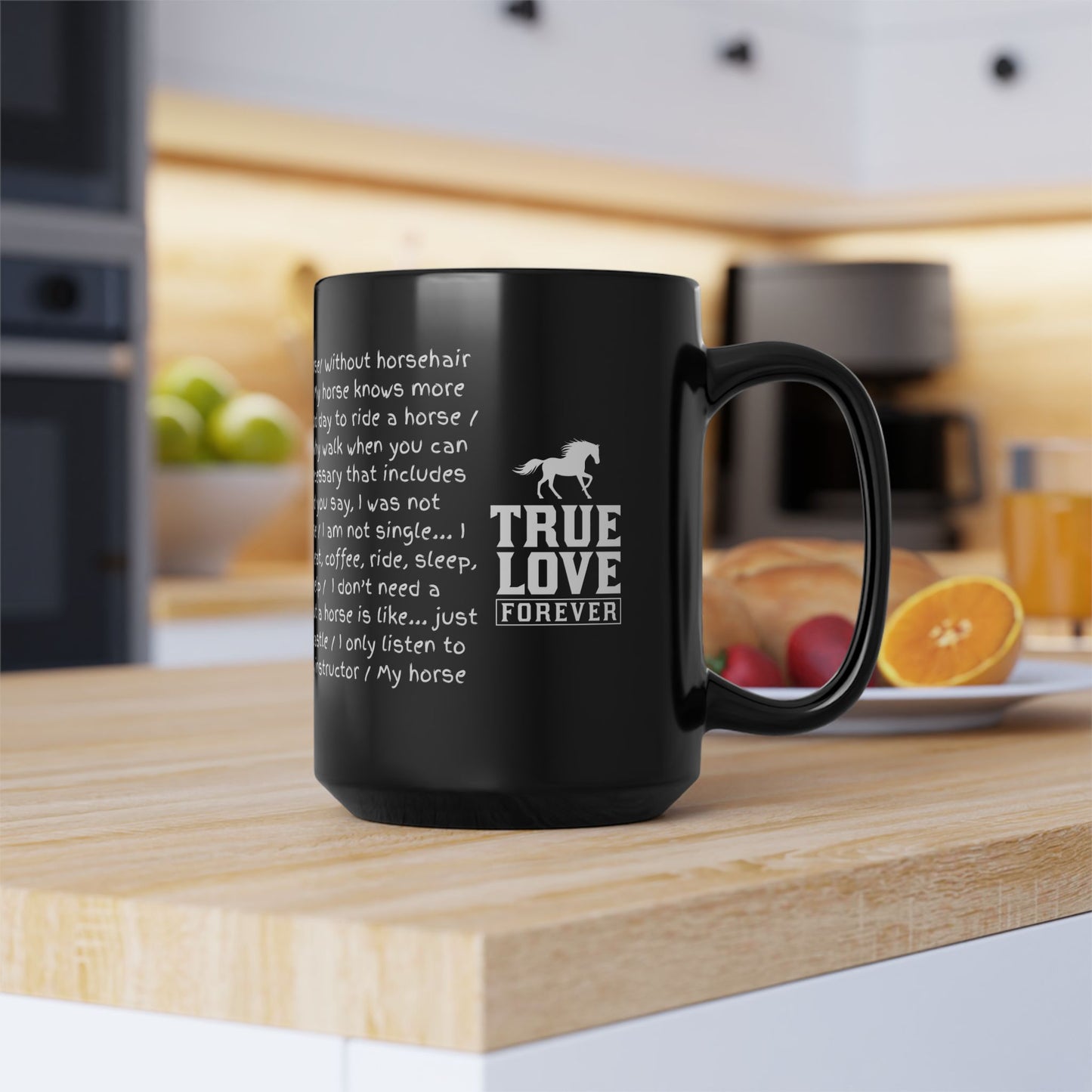 "The truths and secrets of riding a horse", Funny quotes and True Love Horse Running Black Mug - "Wisdom" for Horse Lovers ;-)