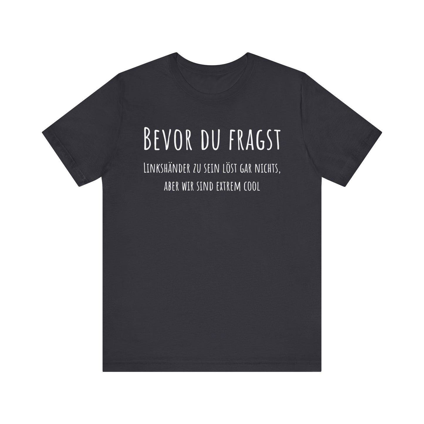 Black t-shirt with white text on a white background