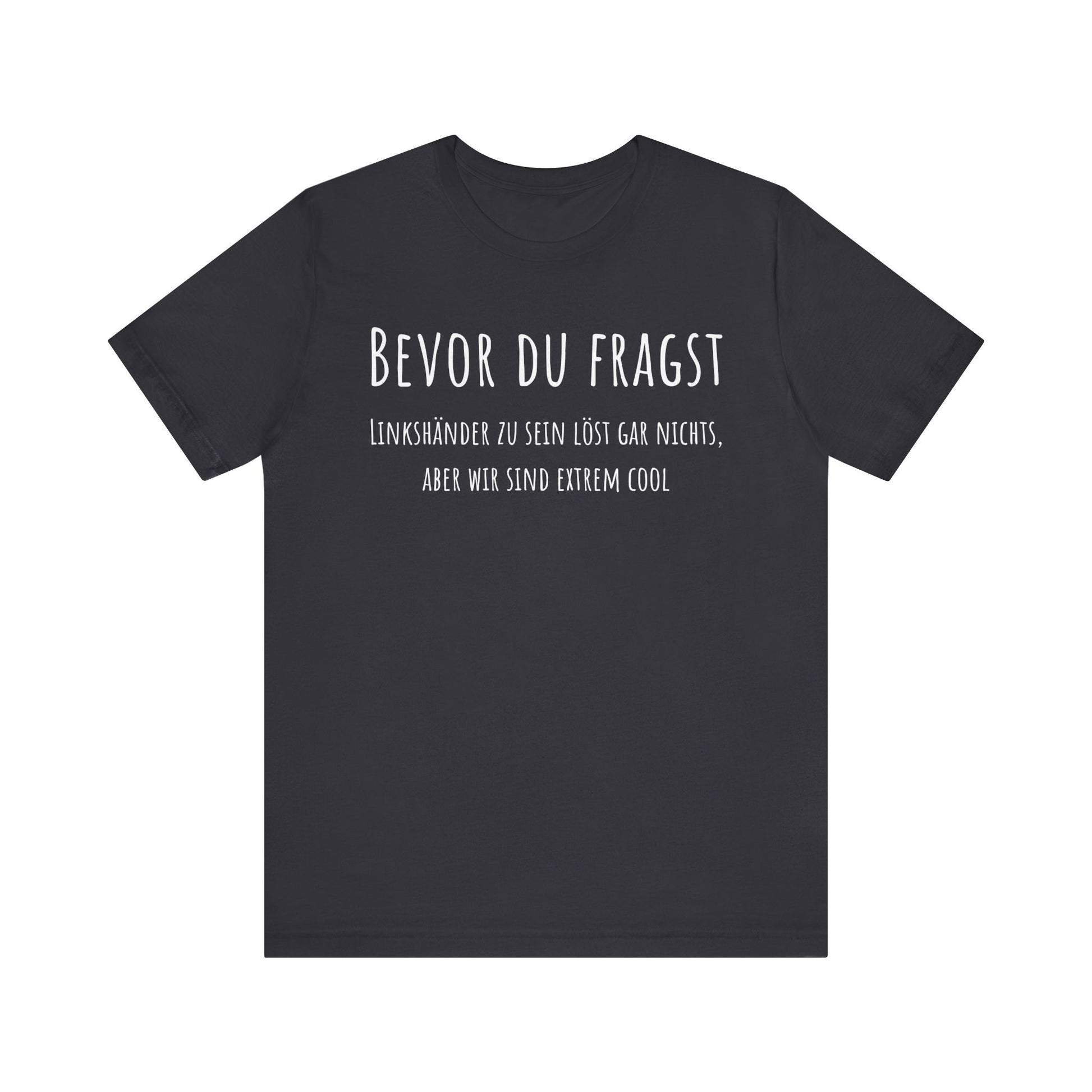 Black t-shirt with white text on a white background
