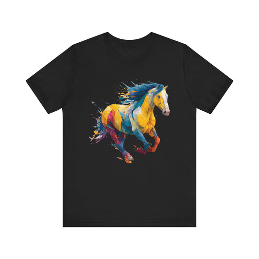 Black t-shirt with a colorful horse design on a white background