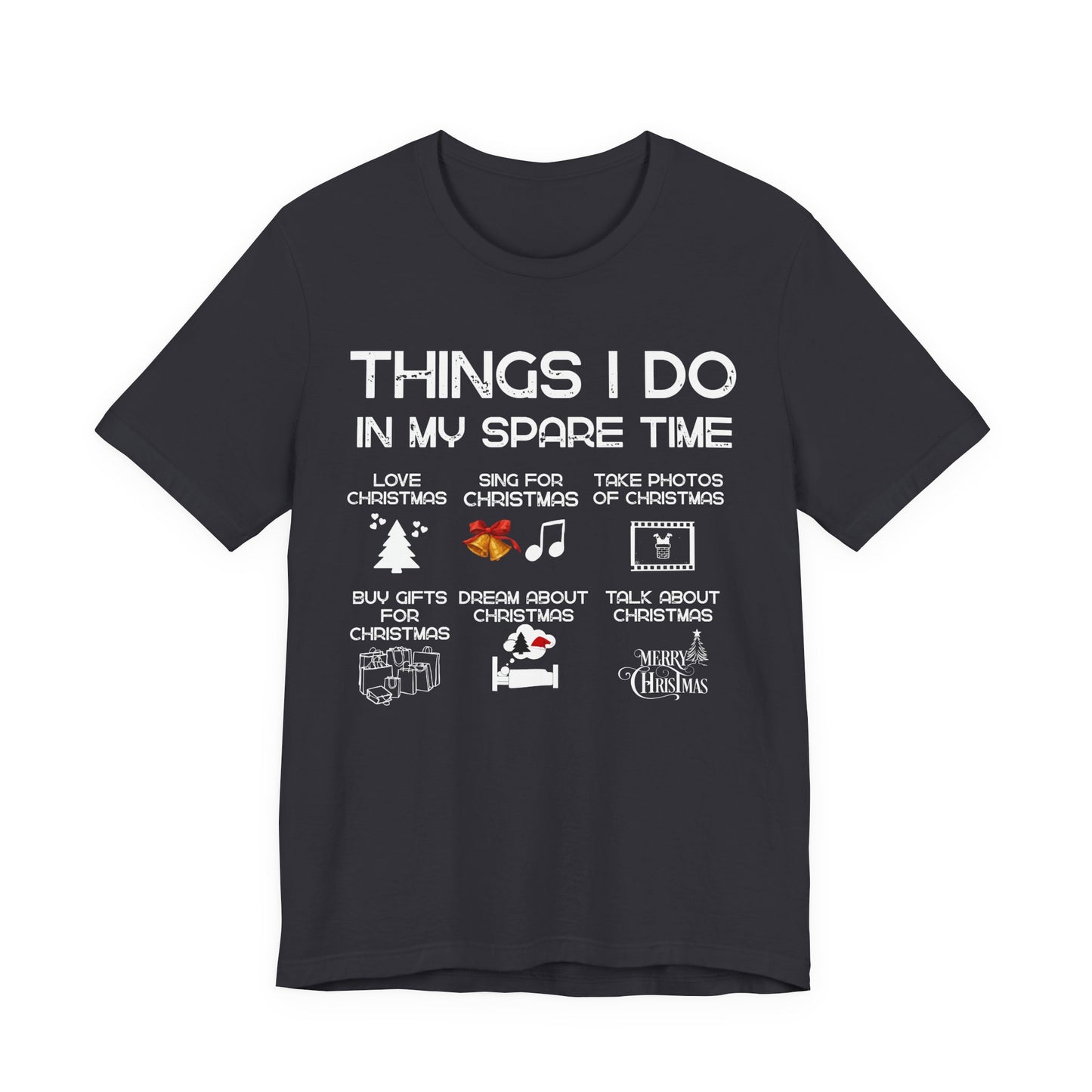 Black t-shirt with Christmas-themed text and graphics on a white background