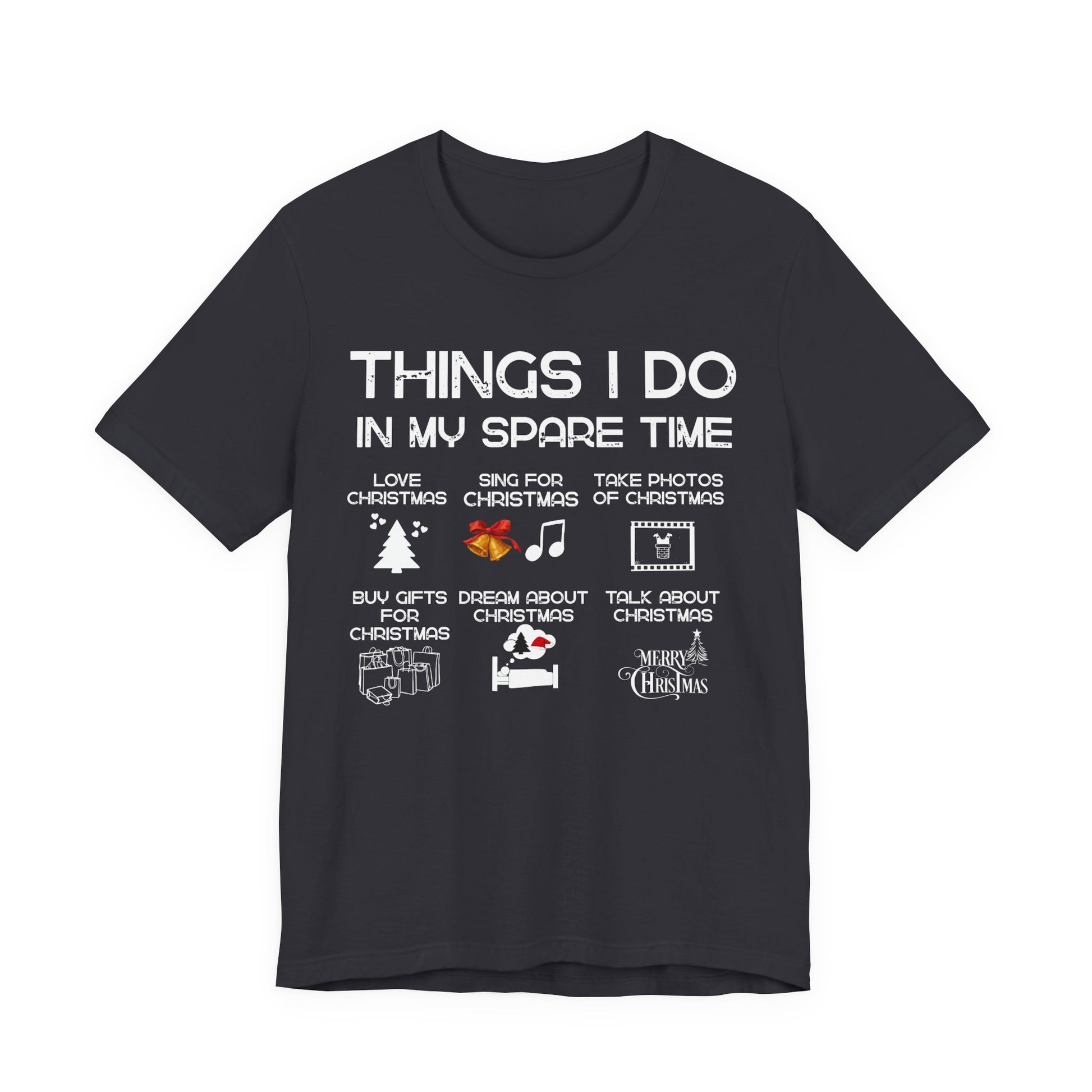 Black t-shirt with Christmas-themed text and graphics on a white background