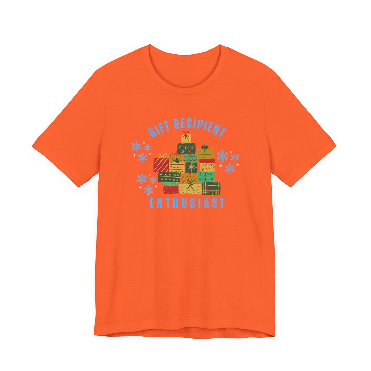 Orange t-shirt with Christmas-themed graphic and text on a white background