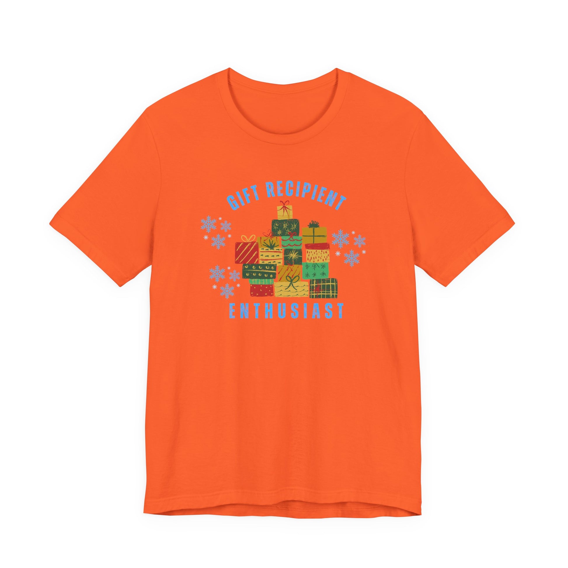 Orange t-shirt with Christmas-themed graphic and text on a white background