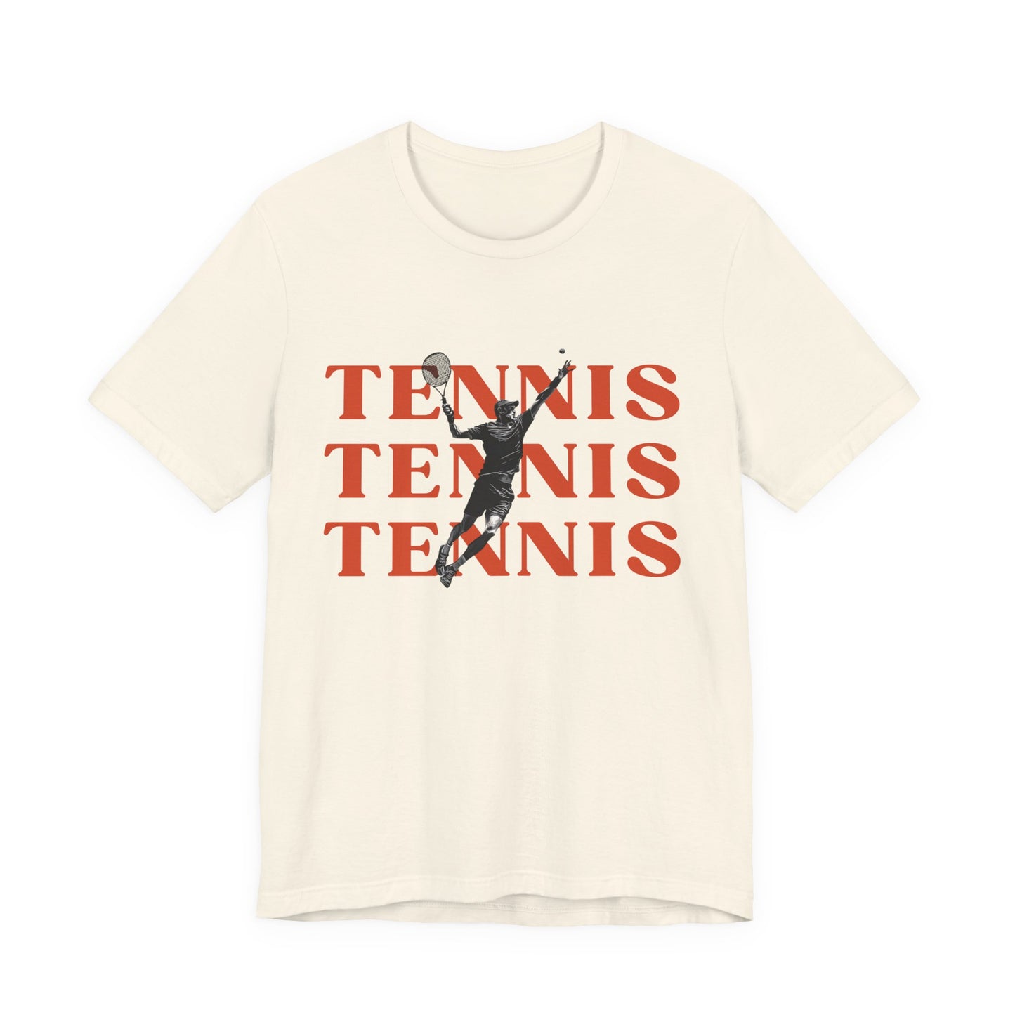 Beige t-shirt with red 'TENNIS TENNIS TENNIS' text and tennis player graphic on a white background