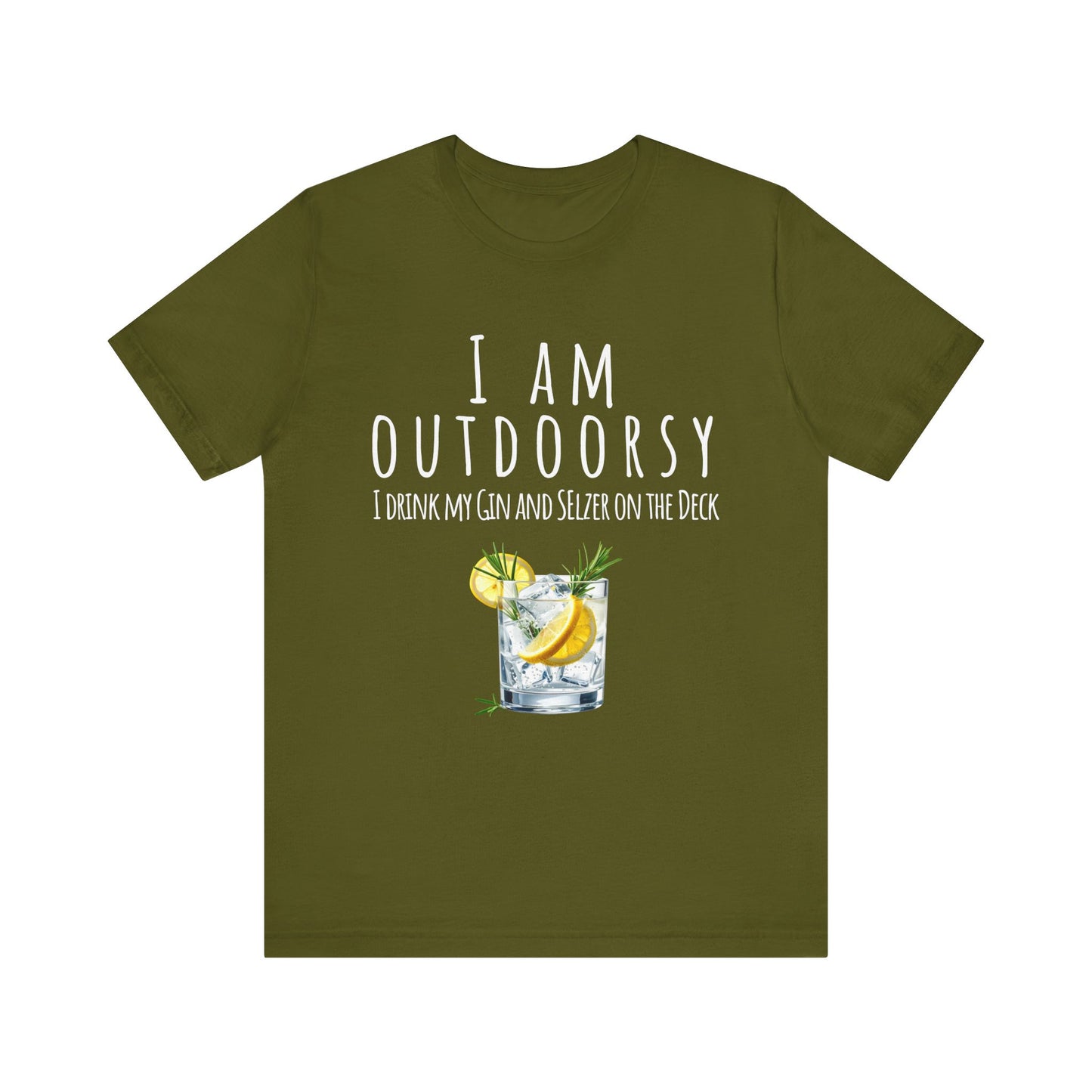 Green t-shirt with text and cocktail graphic on a white background