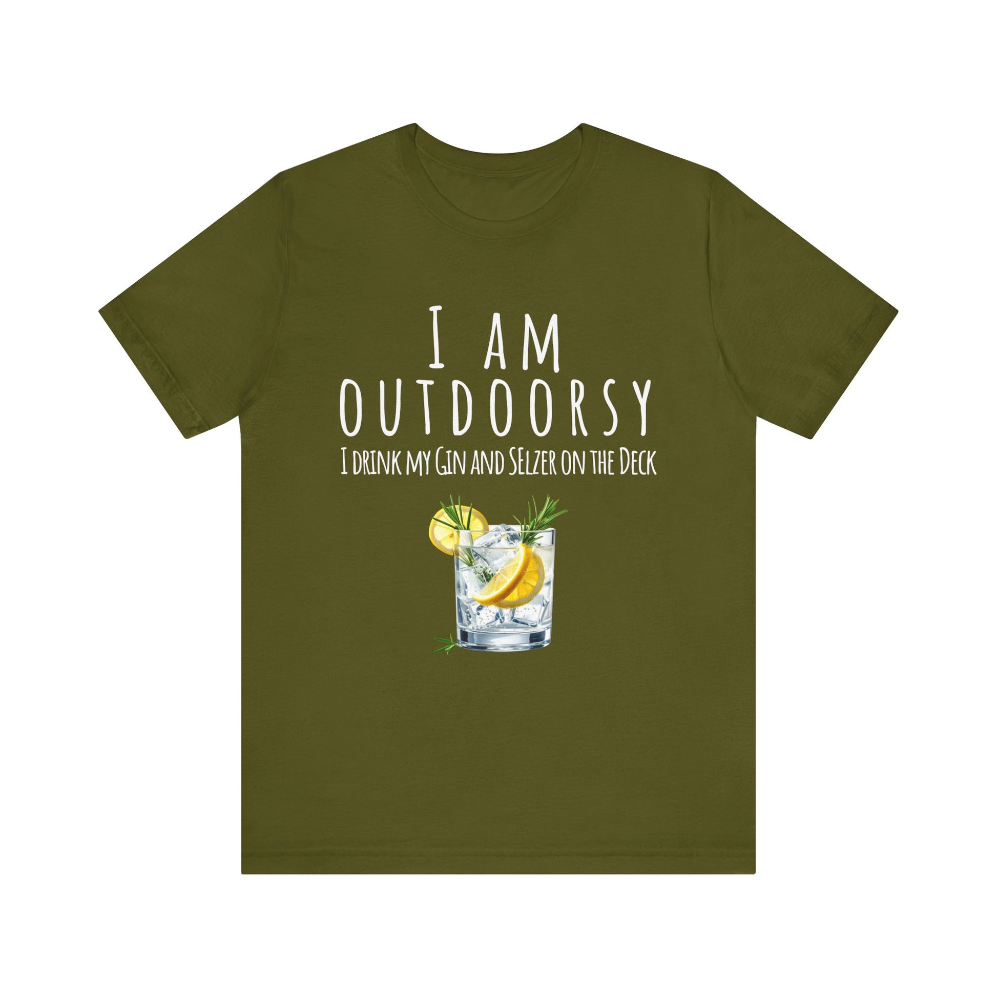 Green t-shirt with text and cocktail graphic on a white background