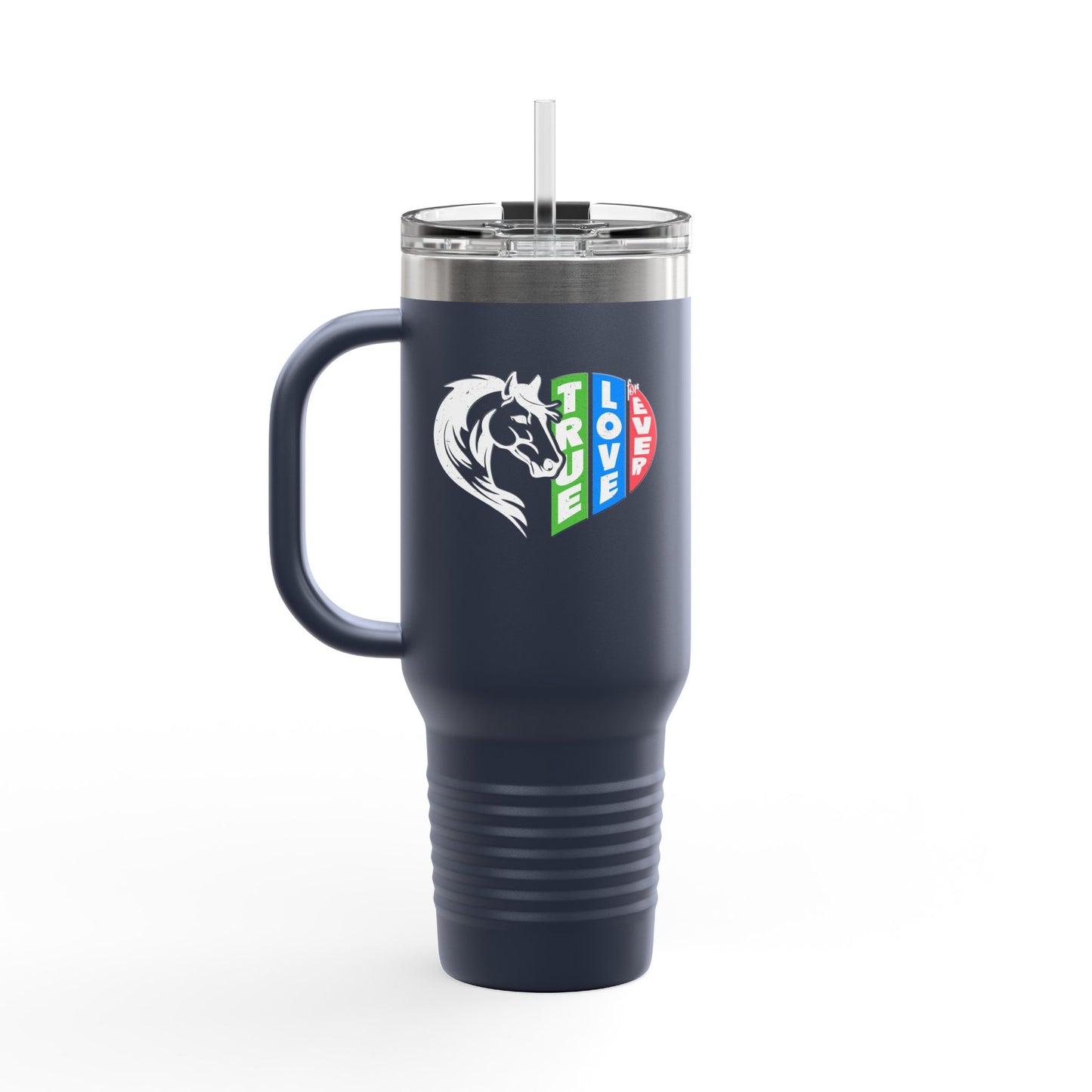 Navy blue travel mug with a logo on a white background