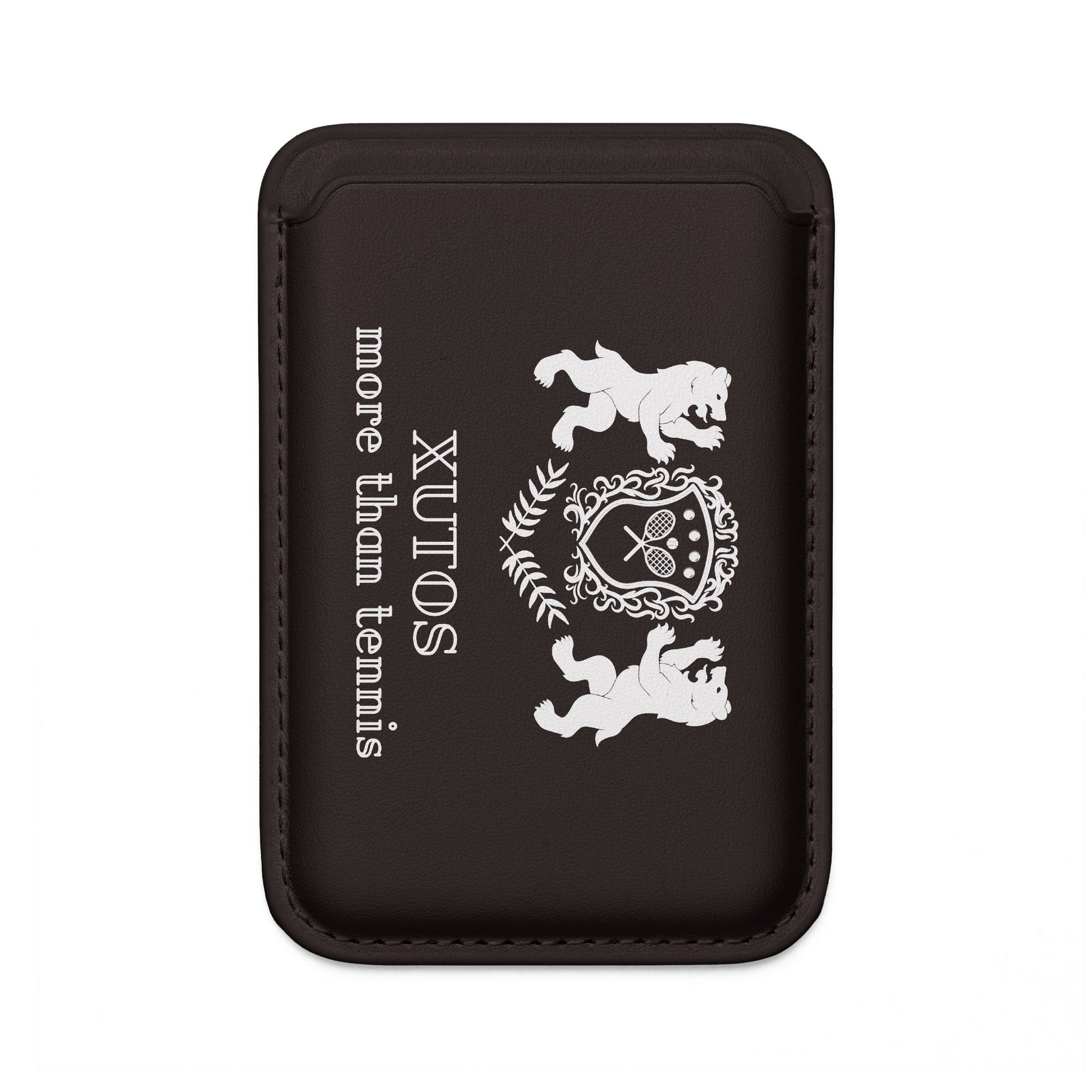 Black pouch with white branding and text on a white background