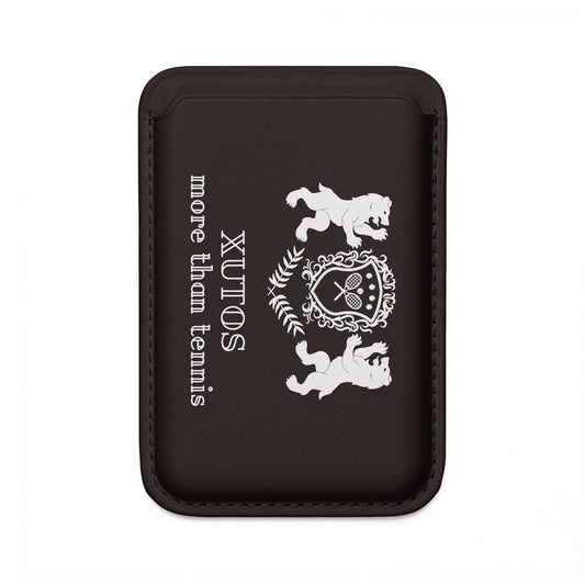 Black pouch with white branding and text on a white background