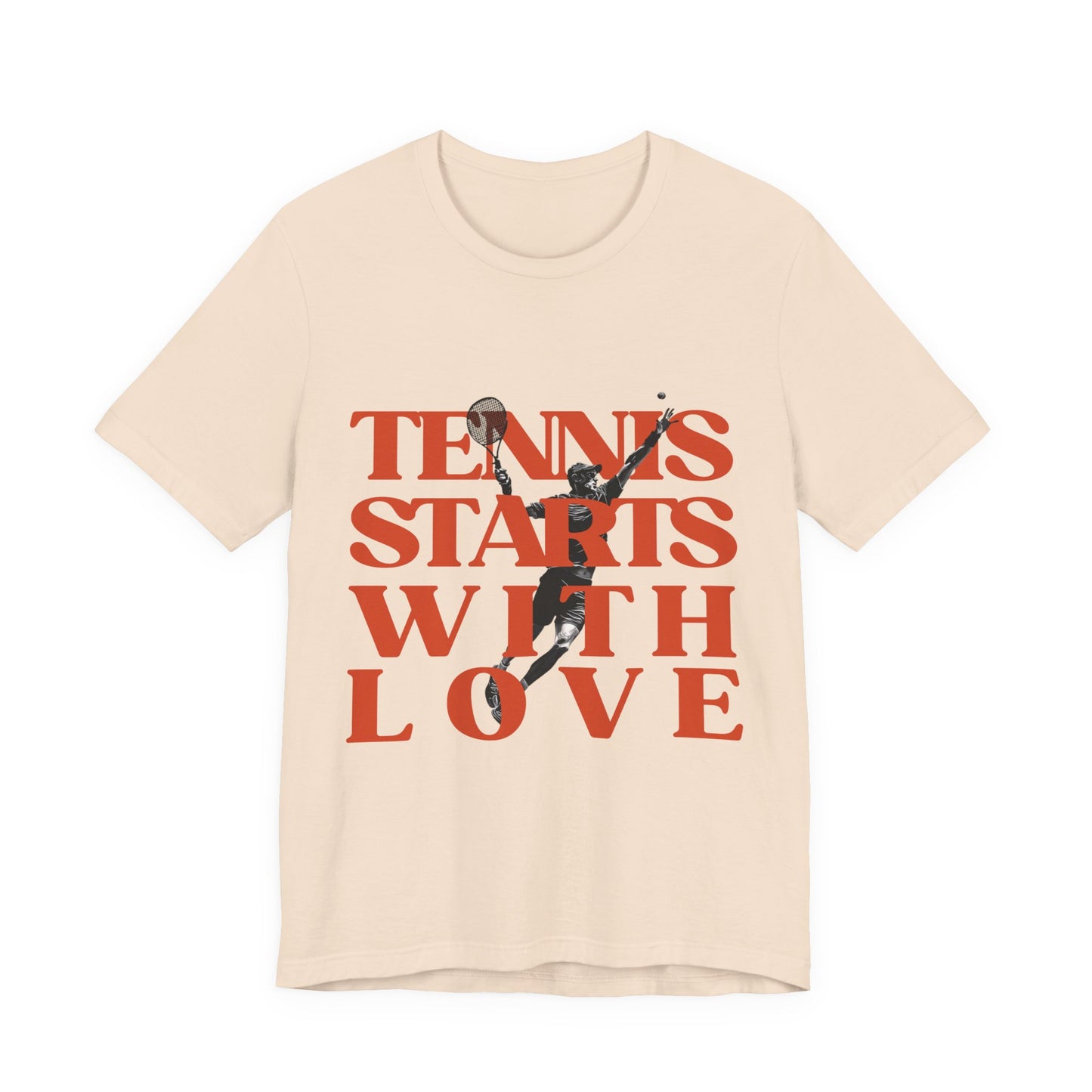 Beige t-shirt with tennis-themed graphic and text 'Tennis Starts With Love' on a white background