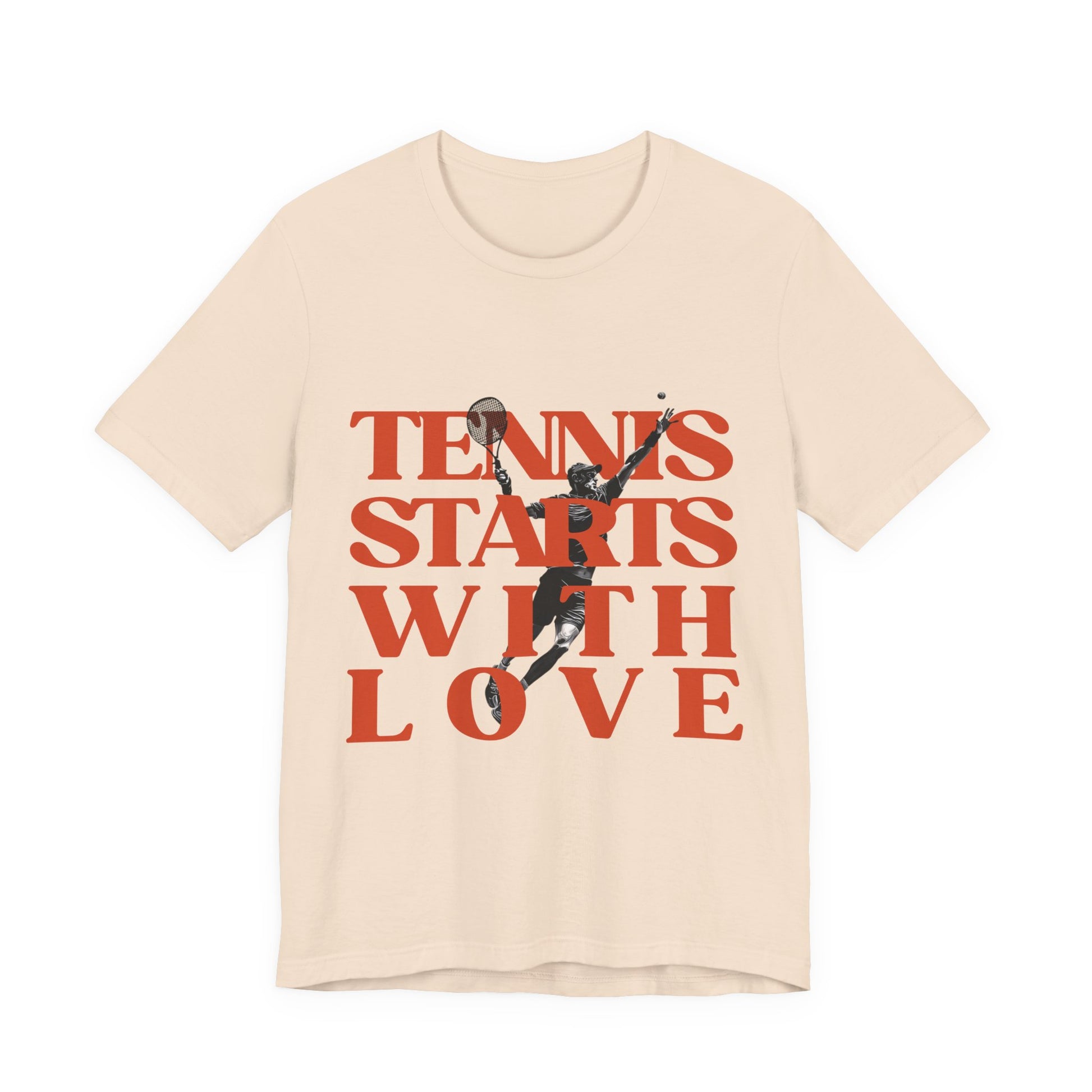 Beige t-shirt with tennis-themed graphic and text 'Tennis Starts With Love' on a white background