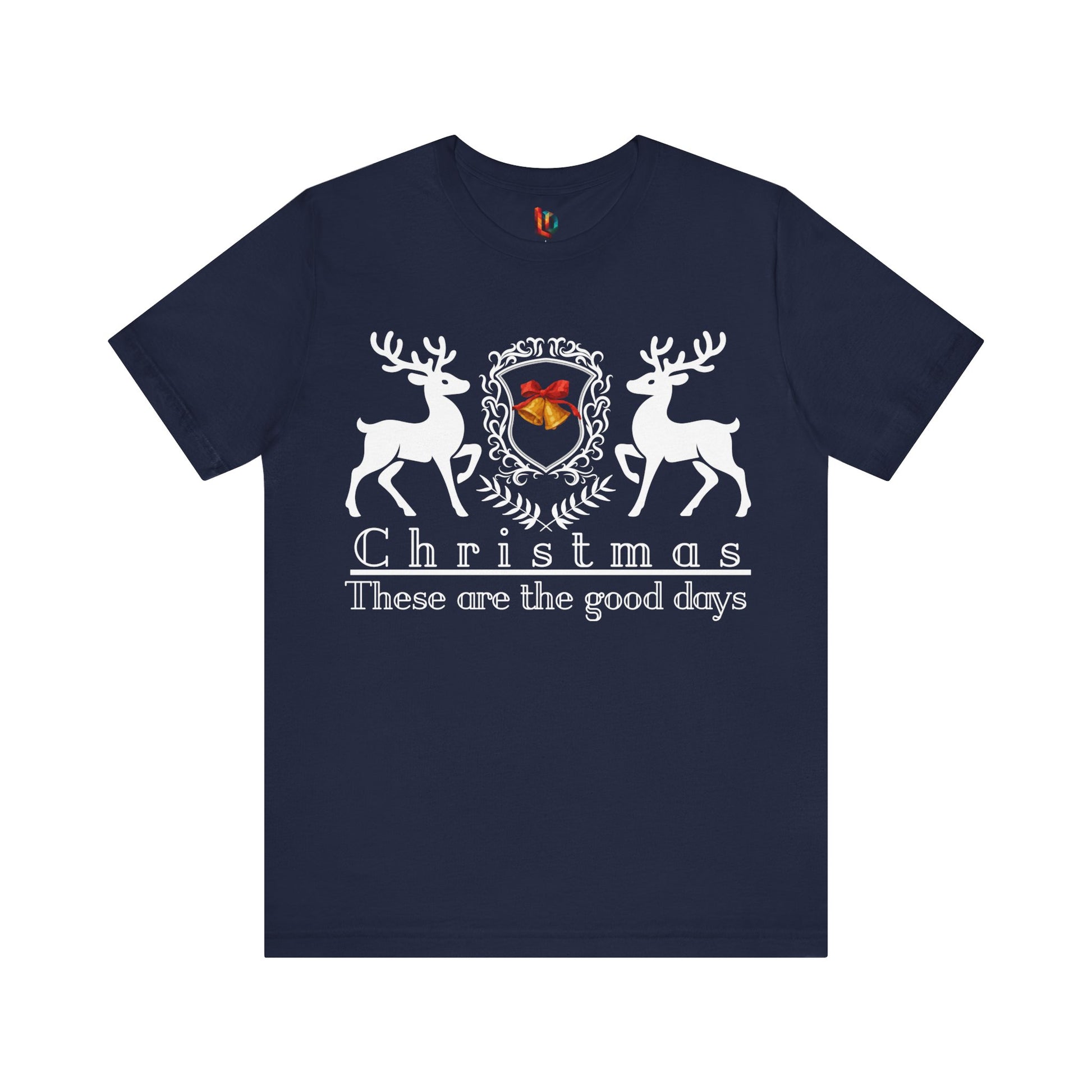 Navy blue t-shirt with white reindeer design and text on a white background
