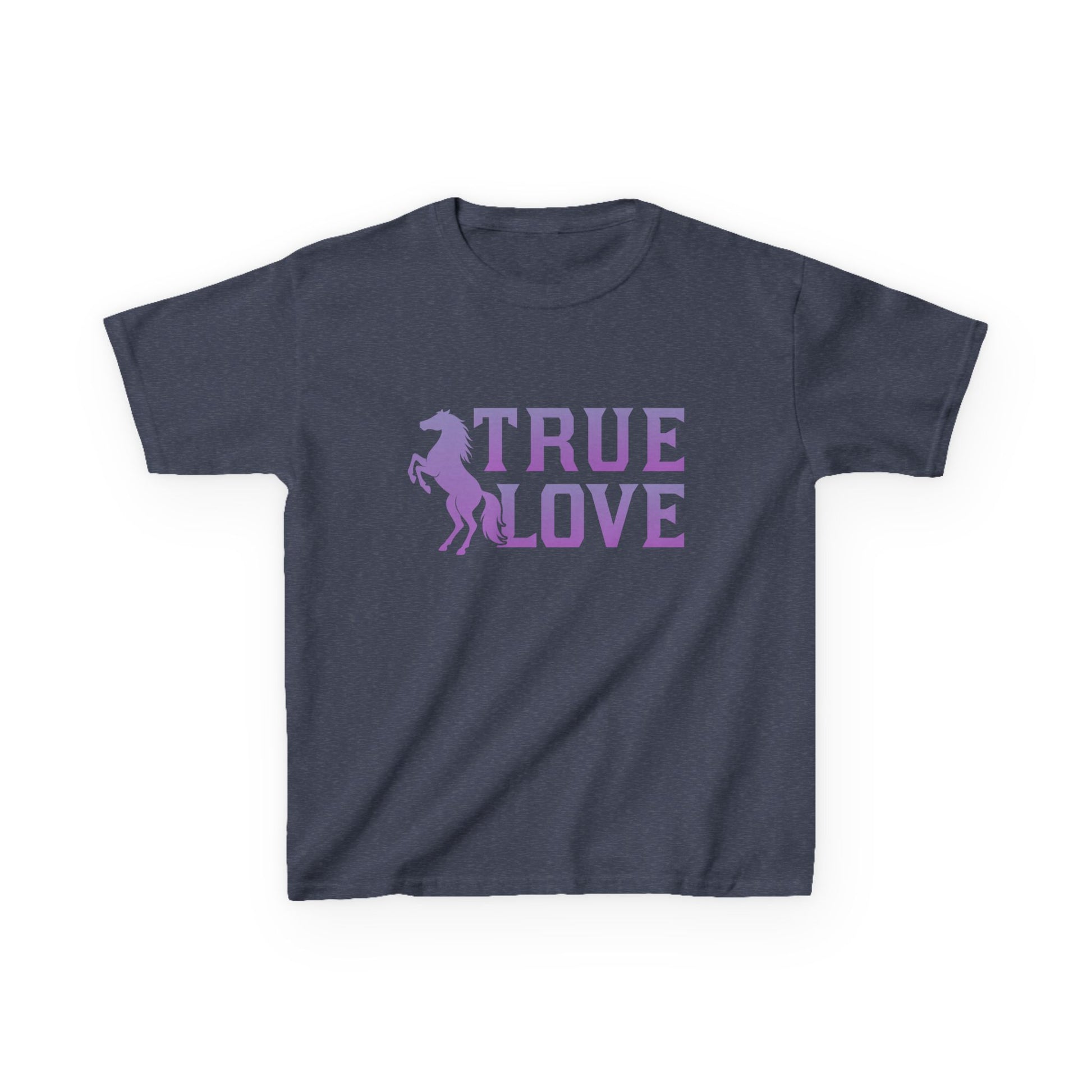 Navy blue t-shirt with 'True Love' text and horse graphic on a white background