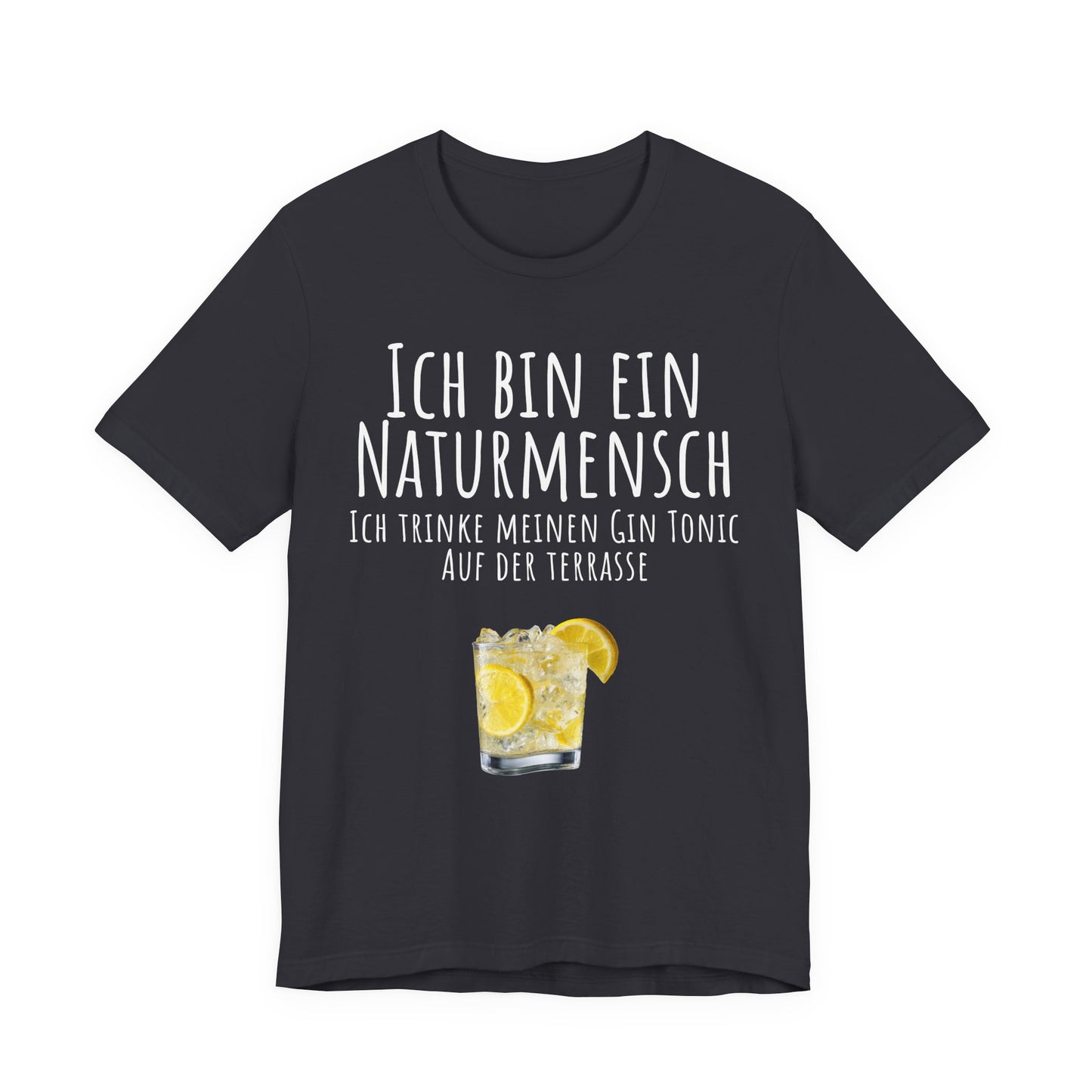 Navy blue t-shirt with a drink graphic and German text on a white background