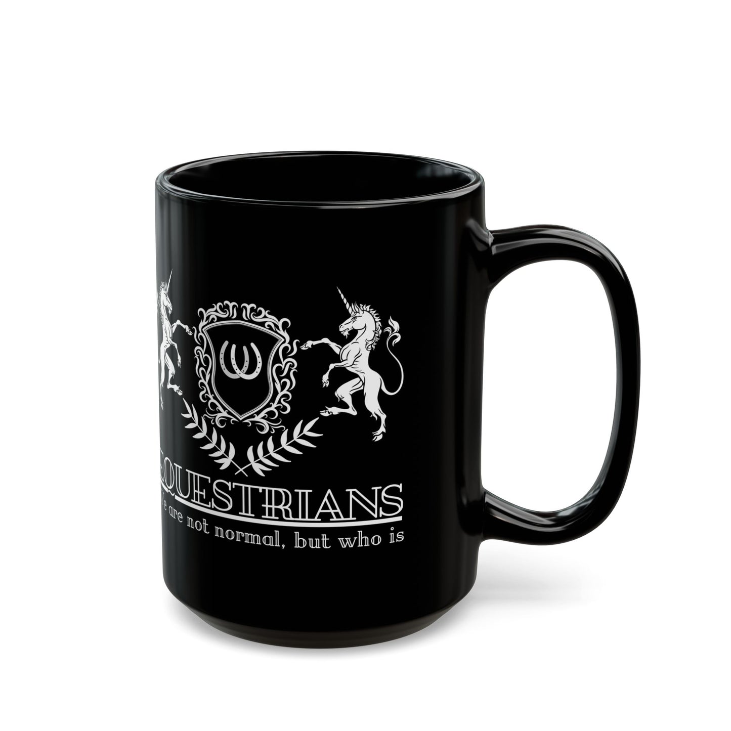 Black mug with white unicorn and text design on a white background
