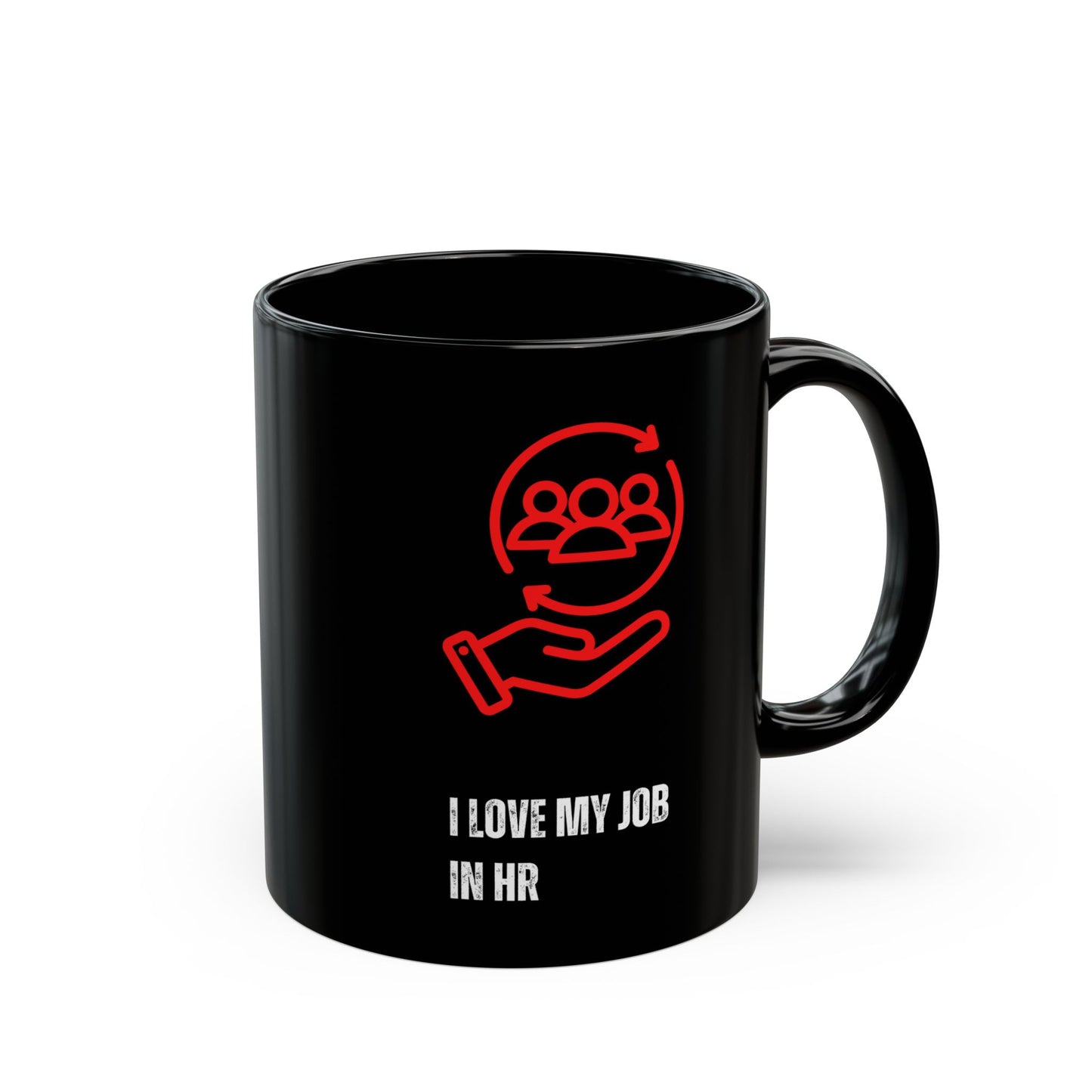 HR Coffee Mug Black mug with red and white graphics and text on a white background
